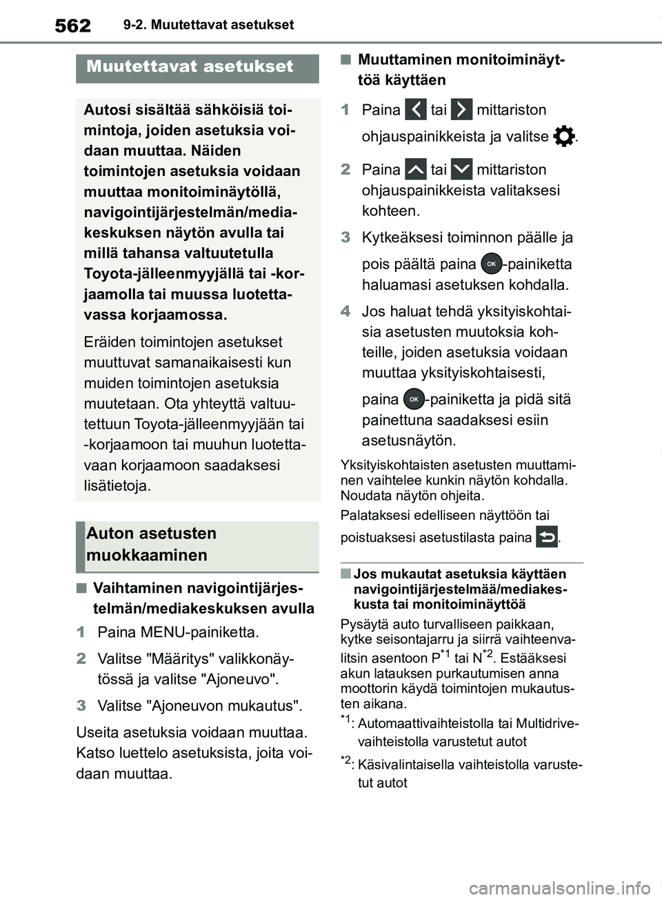 TOYOTA RAV4 2018  Omistajan Käsikirja (in Finnish) 5629-2. Muutettavat asetukset
9-2.Muutettavat asetukset
nVaihtaminen navigointijärjes-
telmän/mediakeskuksen avulla
1 Paina MENU-painiketta.
2 Valitse "Määritys" valikkonäy-
tössä ja valitse "A