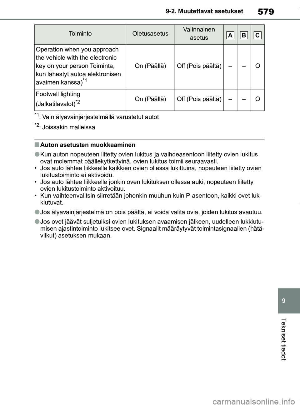TOYOTA RAV4 2018  Omistajan Käsikirja (in Finnish) 579
9
9-2. Muutettavat asetukset
Tekniset tiedot
*1: Vain älyavainjärjestelmällä varustetut autot
*2: Joissakin malleissa
nAuton asetusten muokkaaminen
lKun auton nopeuteen liitetty ovien lukitus 