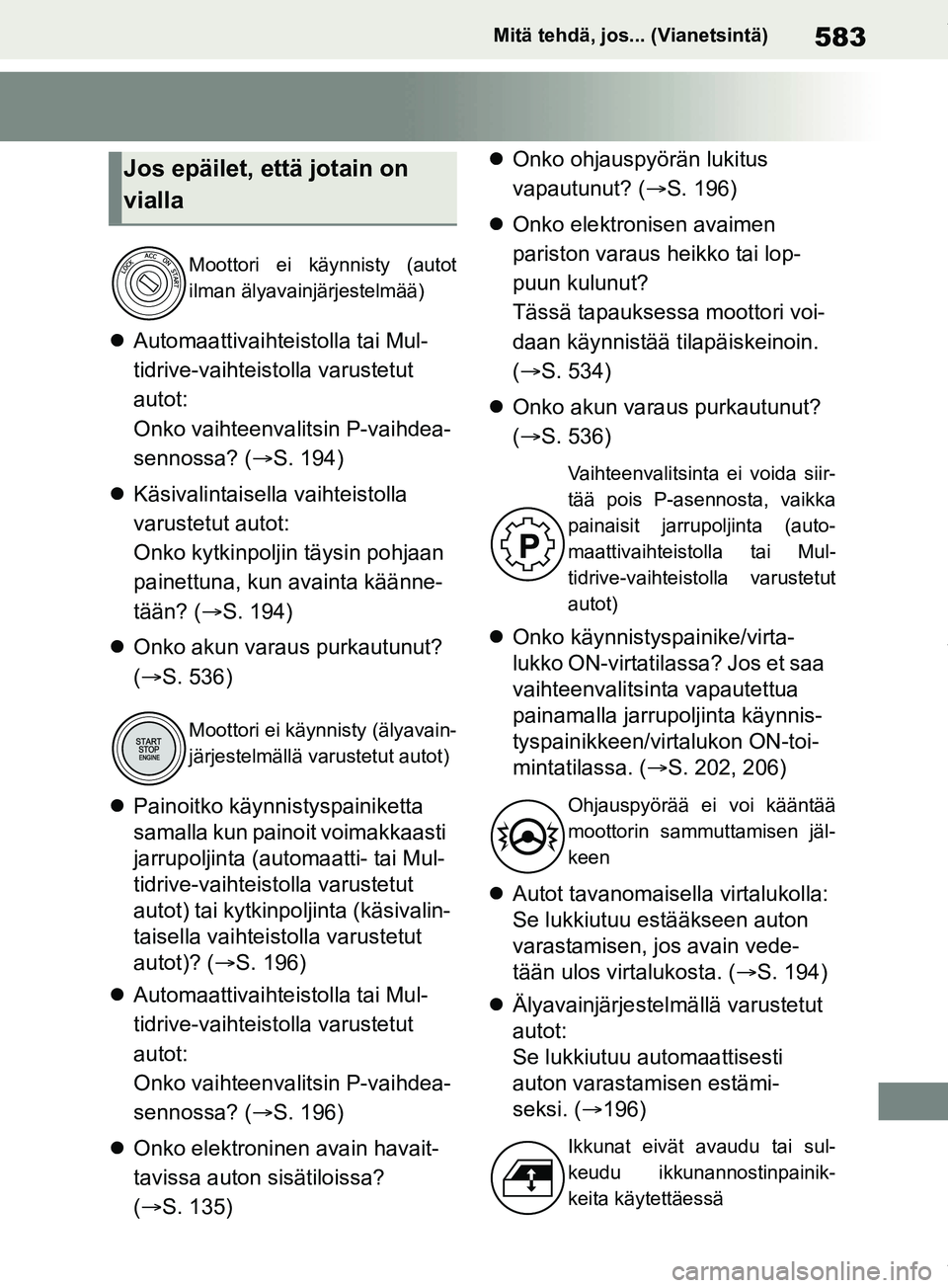TOYOTA RAV4 2018  Omistajan Käsikirja (in Finnish) 583Mitä tehdä, jos... (Vianetsintä)
Automaattivaihte istolla tai Mul-
tidrive-vaihteistolla varustetut 
autot:
Onko vaihteenvalitsin P-vaihdea-
sennossa? ( S. 194)
 Käsivalintaisella vaih