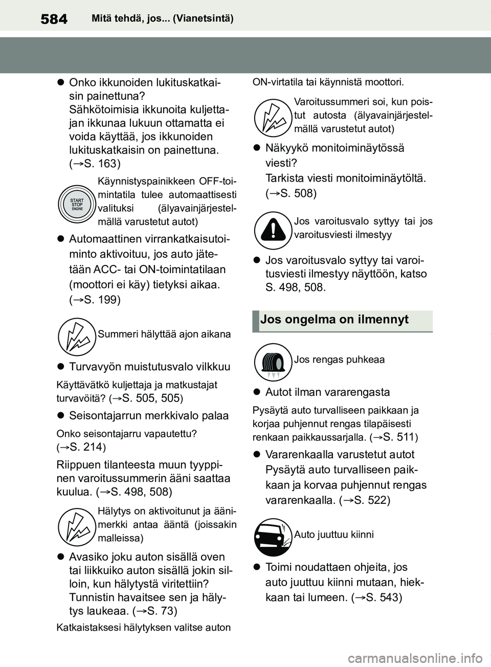 TOYOTA RAV4 2018  Omistajan Käsikirja (in Finnish) 584Mitä tehdä, jos... (Vianetsintä)
Onko ikkunoiden lukituskatkai-
sin painettuna?
Sähkötoimisia ikkunoita kuljetta-
jan ikkunaa lukuun ottamatta ei 
voida käyttää, jos ikkunoiden 
lukitusk