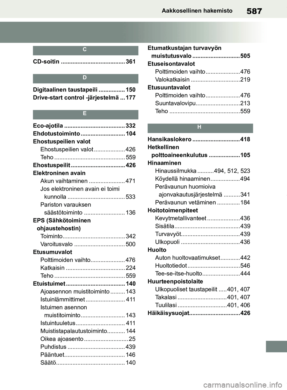TOYOTA RAV4 2018  Omistajan Käsikirja (in Finnish) 587Aakkosellinen hakemisto
C
CD-soitin ....................................... 361
D
Digitaalinen taustapeili ................ 150
Drive-start control -järjestelmä ... 177
E
Eco-ajotila ............