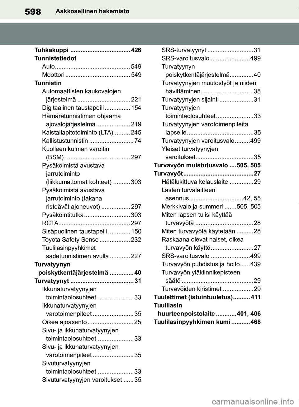 TOYOTA RAV4 2018  Omistajan Käsikirja (in Finnish) 598Aakkosellinen hakemisto
Tuhkakuppi ................................... 426
Tunnistetiedot Auto............................................ 549
Moottori ...................................... 549
Tu