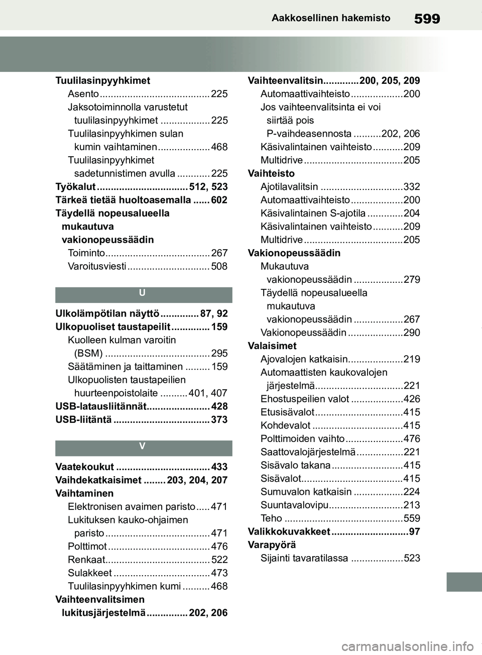 TOYOTA RAV4 2018  Omistajan Käsikirja (in Finnish) 599Aakkosellinen hakemisto
TuulilasinpyyhkimetAsento ........................................ 225
Jaksotoiminnolla varustetut tuulilasinpyyhkimet .................. 225
Tuulilasinpyyhkimen sulan  kumi