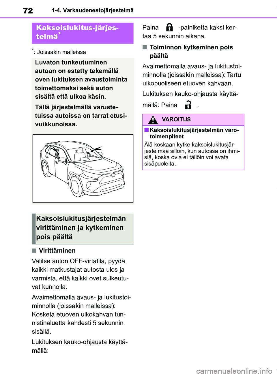 TOYOTA RAV4 2018 Omistajan Käsikirja (in Finnish) 721-4. Varkaudenestojärjestelmä
*: Joissakin malleissa
nVirittäminen
Valitse auton OFF-virtatila, pyydä
kaikki matkustajat autosta ulos ja
varmista, että kaikki ovet sulkeutu-
vat kunnolla.
Ava TOYOTA RAV4 2018 Omistajan Käsikirja (in Finnish) 721-4. Varkaudenestojärjestelmä
*: Joissakin malleissa
nVirittäminen
Valitse auton OFF-virtatila, pyydä
kaikki matkustajat autosta ulos ja
varmista, että kaikki ovet sulkeutu-
vat kunnolla.
Ava