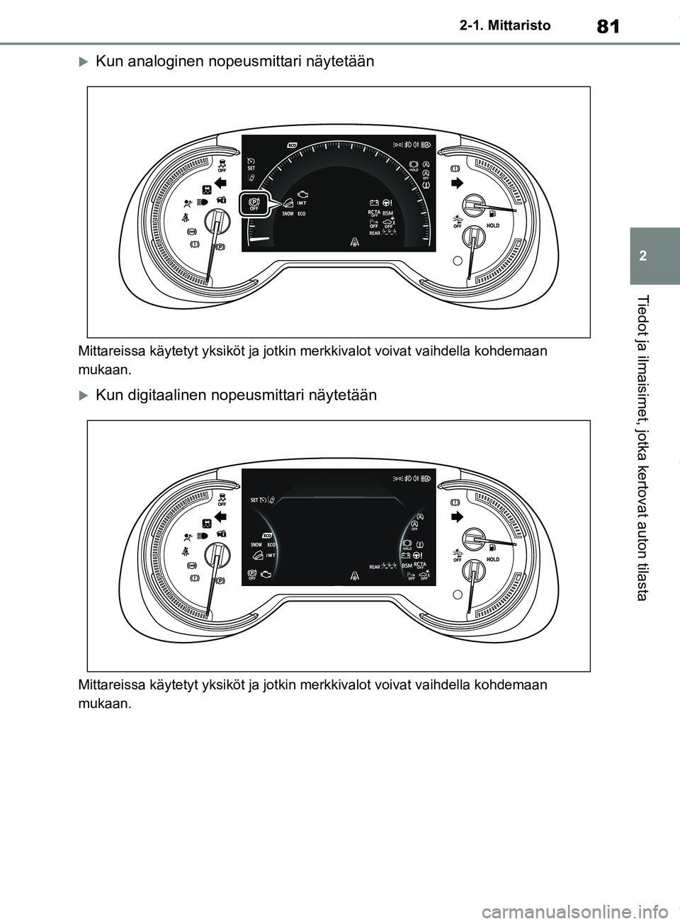 TOYOTA RAV4 2018 Omistajan Käsikirja (in Finnish) 81
2
2-1. Mittaristo
Tiedot ja ilmaisimet, jotka kertovat auton tilasta
Kun analoginen nopeusmittari näytetään
Mittareissa käytetyt yksikö
t ja jotkin merkkivalot voivat vaihdella kohdemaan
m TOYOTA RAV4 2018 Omistajan Käsikirja (in Finnish) 81
2
2-1. Mittaristo
Tiedot ja ilmaisimet, jotka kertovat auton tilasta
Kun analoginen nopeusmittari näytetään
Mittareissa käytetyt yksikö
t ja jotkin merkkivalot voivat vaihdella kohdemaan
m