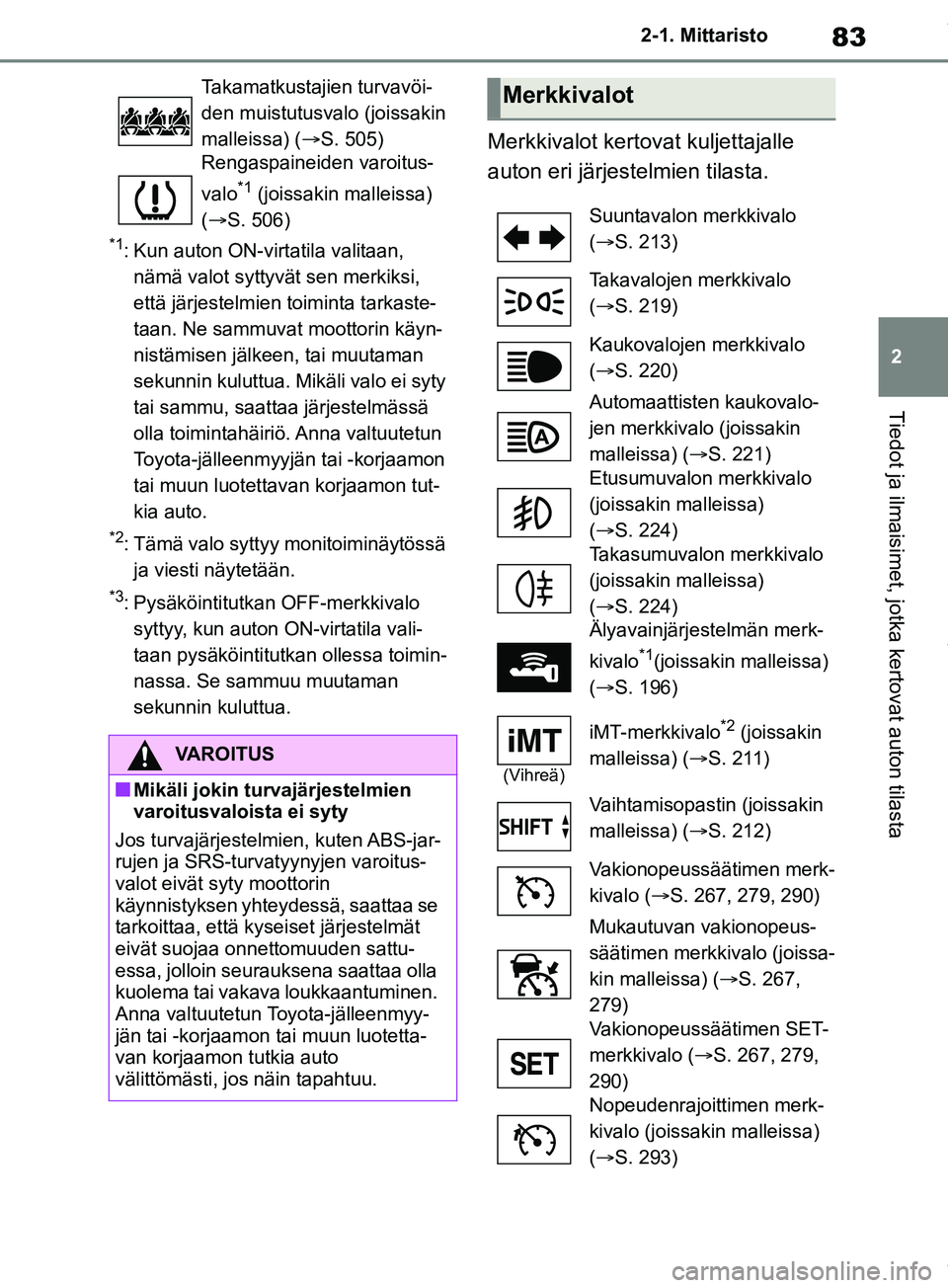 TOYOTA RAV4 2018 Omistajan Käsikirja (in Finnish) 83
2
2-1. Mittaristo
Tiedot ja ilmaisimet, jotka kertovat auton tilasta
*1: Kun auton ON-virtatila valitaan,
nämä valot syttyvä t sen merkiksi,
että järjestelmien toiminta tarkaste-
taan. Ne sa TOYOTA RAV4 2018 Omistajan Käsikirja (in Finnish) 83
2
2-1. Mittaristo
Tiedot ja ilmaisimet, jotka kertovat auton tilasta
*1: Kun auton ON-virtatila valitaan,
nämä valot syttyvä t sen merkiksi,
että järjestelmien toiminta tarkaste-
taan. Ne sa