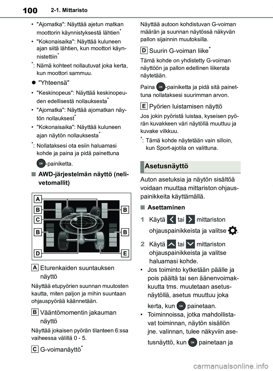 TOYOTA RAV4 2018 Omistajan Käsikirja (in Finnish) 1002-1. Mittaristo
• "Ajomatka": Näyttää ajetun matkan moottorin käynnist yksestä lähtien
*
• "Kokonaisaika": Näyttää kuluneen
ajan siitä lähtien, kun moottori käyn-
nistettiin
*
*
: TOYOTA RAV4 2018 Omistajan Käsikirja (in Finnish) 1002-1. Mittaristo
• "Ajomatka": Näyttää ajetun matkan moottorin käynnist yksestä lähtien
*
• "Kokonaisaika": Näyttää kuluneen
ajan siitä lähtien, kun moottori käyn-
nistettiin
*
*
: