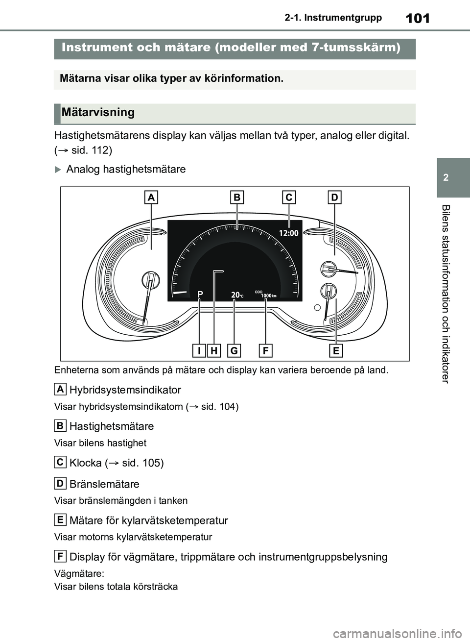 TOYOTA RAV4 2018 Bruksanvisningar (in Swedish) 101
2
2-1. Instrumentgrupp
Bilens statusinformation och indikatorer
Hastighetsmätarens display kan väljas mellan två typer, analog eller digital.
(
sid. 112)
Analog hastighetsmätare
Enhete TOYOTA RAV4 2018 Bruksanvisningar (in Swedish) 101
2
2-1. Instrumentgrupp
Bilens statusinformation och indikatorer
Hastighetsmätarens display kan väljas mellan två typer, analog eller digital.
(
sid. 112)
Analog hastighetsmätare
Enhete