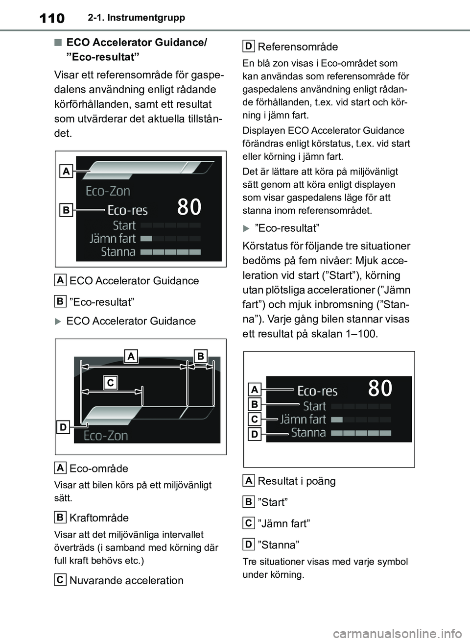 TOYOTA RAV4 2018 Bruksanvisningar (in Swedish) 1102-1. Instrumentgrupp
nECO Accelerator Guidance/
”Eco-resultat”
Visar ett referensområde för gaspe-
dalens användning enligt rådande
körförhållanden, sa mt ett resultat
som utvärderar TOYOTA RAV4 2018 Bruksanvisningar (in Swedish) 1102-1. Instrumentgrupp
nECO Accelerator Guidance/
”Eco-resultat”
Visar ett referensområde för gaspe-
dalens användning enligt rådande
körförhållanden, sa mt ett resultat
som utvärderar