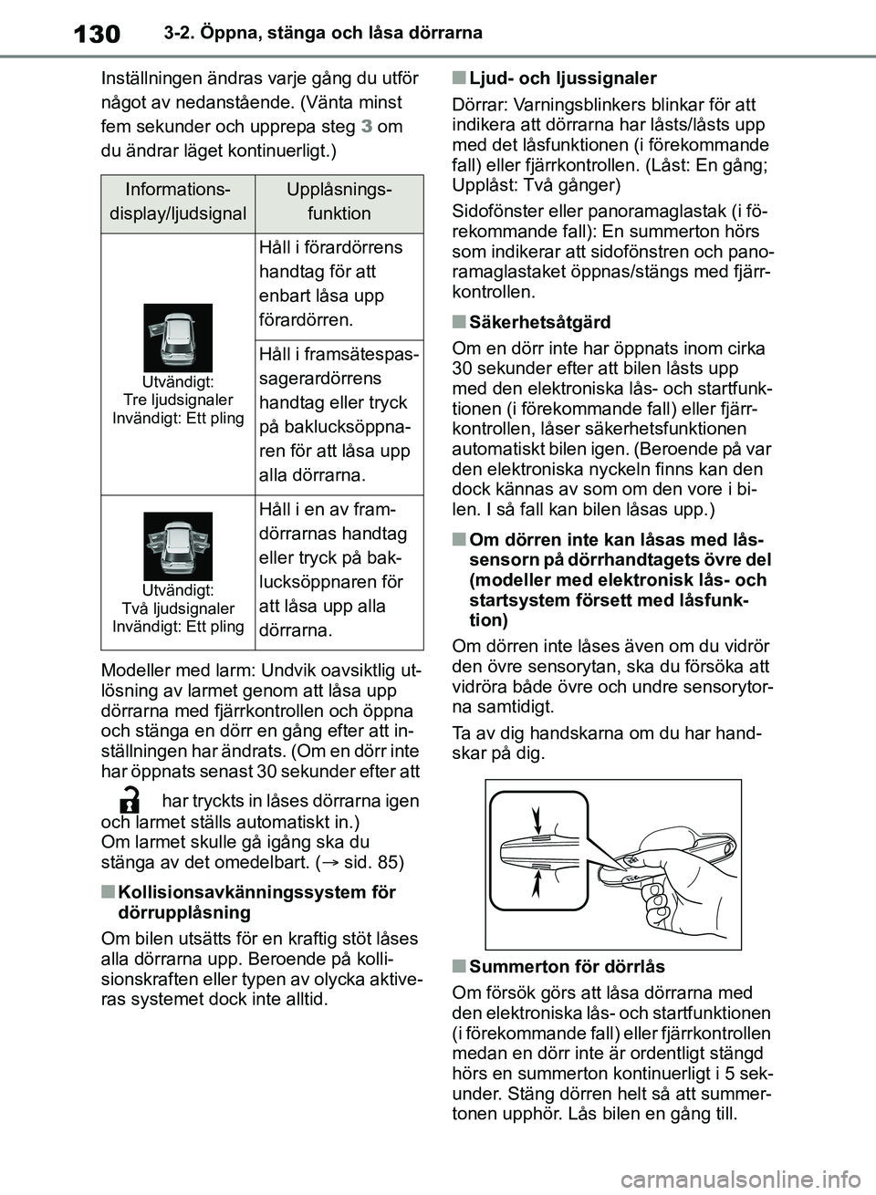 TOYOTA RAV4 2018 Bruksanvisningar (in Swedish) 1303-2. Öppna, stänga och låsa dörrarna
Inställningen ändras varje gång du utför
något av nedanstående. (Vänta minst
fem sekunder och upprepa steg 3 om
du ändrar läget kontinuerligt.) TOYOTA RAV4 2018 Bruksanvisningar (in Swedish) 1303-2. Öppna, stänga och låsa dörrarna
Inställningen ändras varje gång du utför
något av nedanstående. (Vänta minst
fem sekunder och upprepa steg 3 om
du ändrar läget kontinuerligt.)