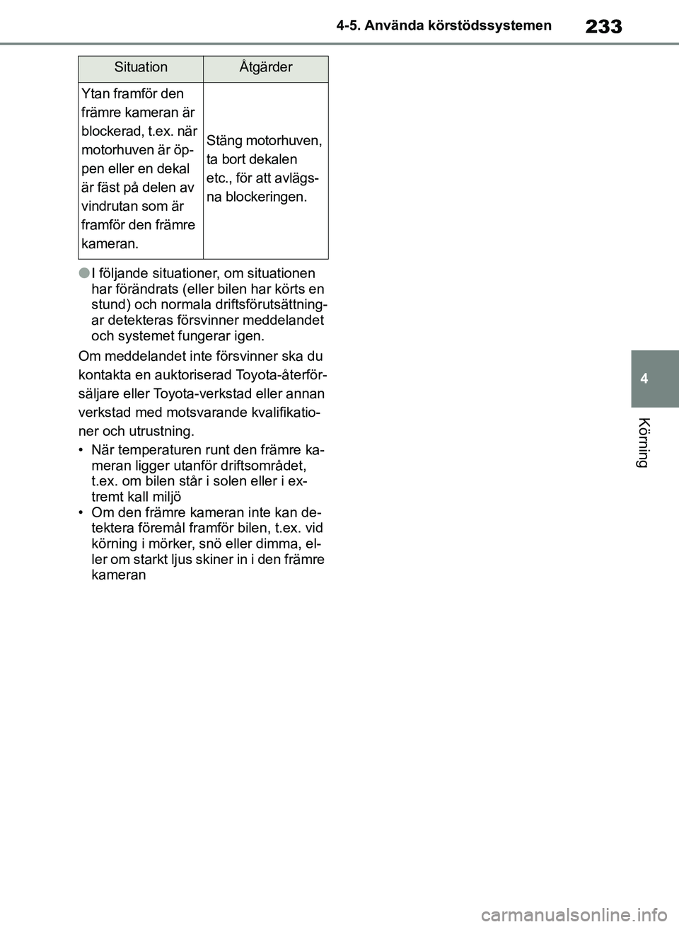 TOYOTA RAV4 2018 Bruksanvisningar (in Swedish) 233
4
4-5. Använda körstödssystemen
Körning
lI följande situationer, om situationen
har förändrats (eller bilen har körts en
stund) och normala driftsförutsättning-
ar detekteras försvinn TOYOTA RAV4 2018 Bruksanvisningar (in Swedish) 233
4
4-5. Använda körstödssystemen
Körning
lI följande situationer, om situationen
har förändrats (eller bilen har körts en
stund) och normala driftsförutsättning-
ar detekteras försvinn