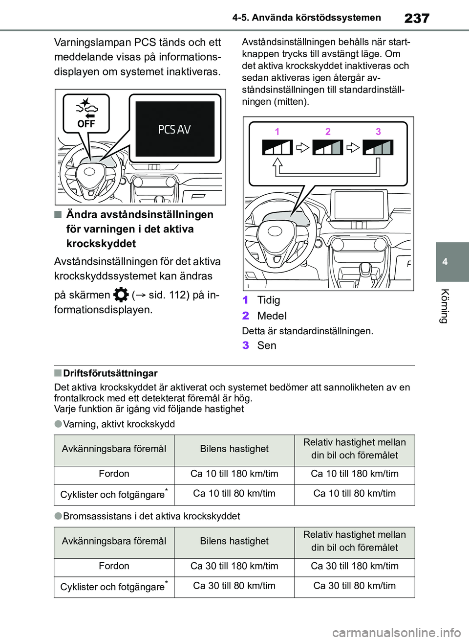 TOYOTA RAV4 2018 Bruksanvisningar (in Swedish) 237
4
4-5. Använda körstödssystemen
Körning
Varningslampan PCS tänds och ett
meddelande visas på informations-
displayen om systemet inaktiveras.
nÄndra avståndsinställningen
för varningen TOYOTA RAV4 2018 Bruksanvisningar (in Swedish) 237
4
4-5. Använda körstödssystemen
Körning
Varningslampan PCS tänds och ett
meddelande visas på informations-
displayen om systemet inaktiveras.
nÄndra avståndsinställningen
för varningen