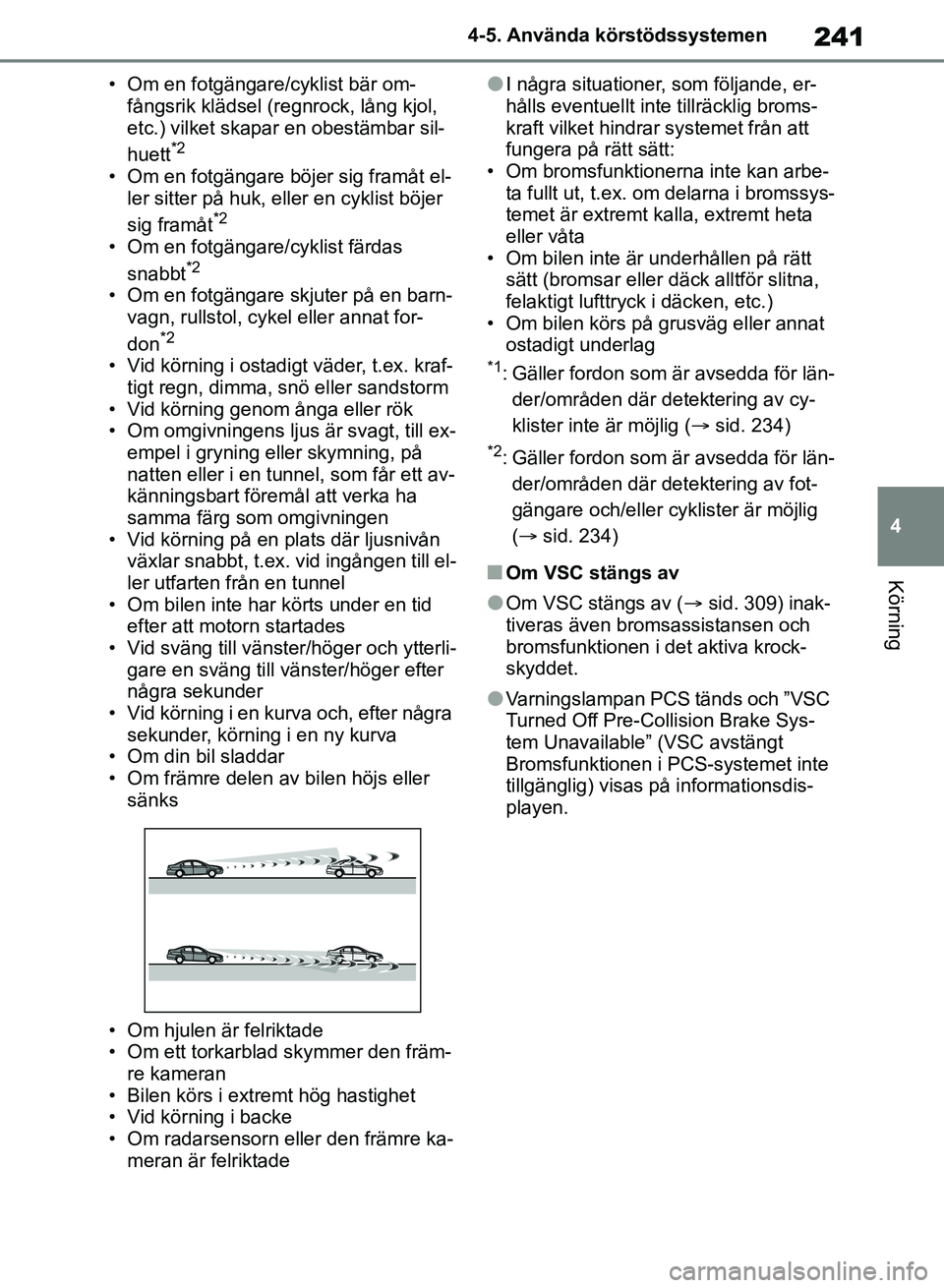 TOYOTA RAV4 2018 Bruksanvisningar (in Swedish) 241
4
4-5. Använda körstödssystemen
Körning
• Om en fotgängare/cyklist bär om-
fångsrik klädsel (r egnrock, lång kjol,
etc.) vilket skapar en obestämbar sil-
huett
*2
• Om en fotgängar TOYOTA RAV4 2018 Bruksanvisningar (in Swedish) 241
4
4-5. Använda körstödssystemen
Körning
• Om en fotgängare/cyklist bär om-
fångsrik klädsel (r egnrock, lång kjol,
etc.) vilket skapar en obestämbar sil-
huett
*2
• Om en fotgängar
