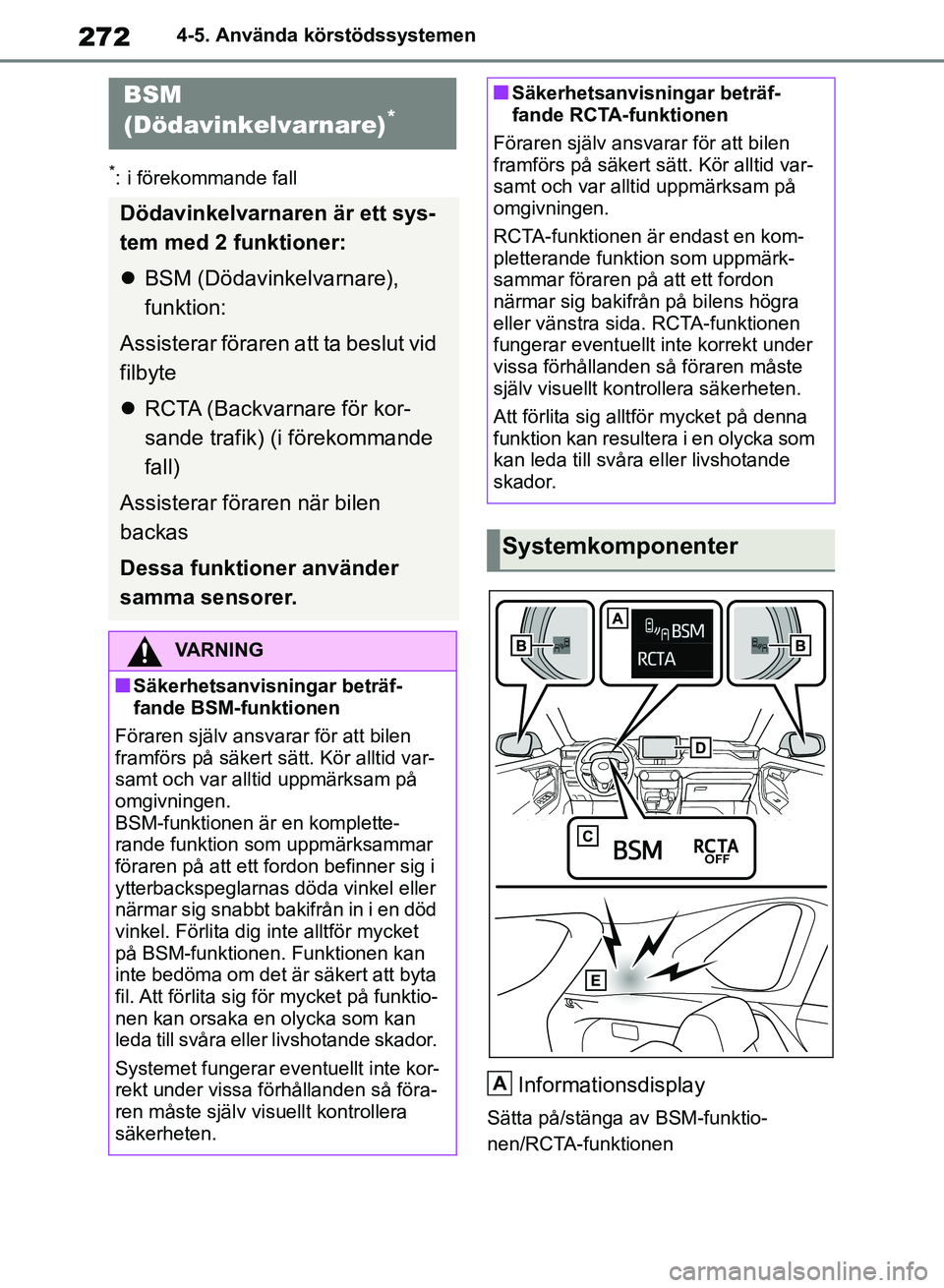 TOYOTA RAV4 2018  Bruksanvisningar (in Swedish) 2724-5. Använda körstödssystemen
*: i förekommande fall
Informationsdisplay
Sätta på/stänga av BSM-funktio-
nen/RCTA-funktionen
BSM 
(Dödavinkelvarnare)*
Dödavinkelvarnaren är ett sys-
tem m