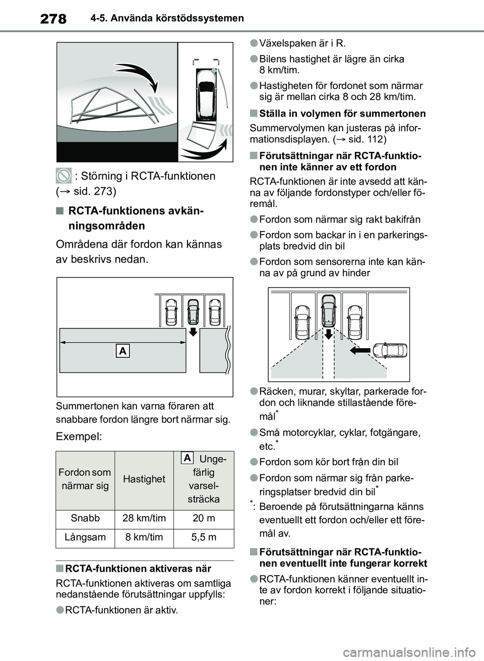 TOYOTA RAV4 2018  Bruksanvisningar (in Swedish) 2784-5. Använda körstödssystemen
 : Störning i RCTA-funktionen 
(  sid. 273)
nRCTA-funktionens avkän-
ningsområden
Områdena där fordon kan kännas 
av beskrivs nedan.
Summertonen kan varna 