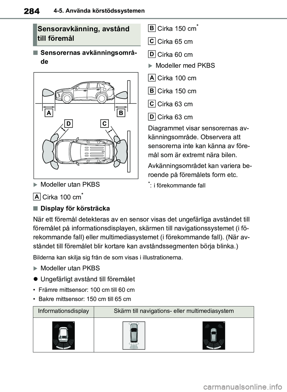 TOYOTA RAV4 2018 Bruksanvisningar (in Swedish) 2844-5. Använda körstödssystemen
nSensorernas avkänningsområ-
de
Modeller utan PKBSCirka 100 cm
*
Cirka 150 cm*
Cirka 65 cm
Cirka 60 cm
Modeller med PKBSCirka 100 cm
Cirka 150 cm
Cirka 63 c TOYOTA RAV4 2018 Bruksanvisningar (in Swedish) 2844-5. Använda körstödssystemen
nSensorernas avkänningsområ-
de
Modeller utan PKBSCirka 100 cm
*
Cirka 150 cm*
Cirka 65 cm
Cirka 60 cm
Modeller med PKBSCirka 100 cm
Cirka 150 cm
Cirka 63 c