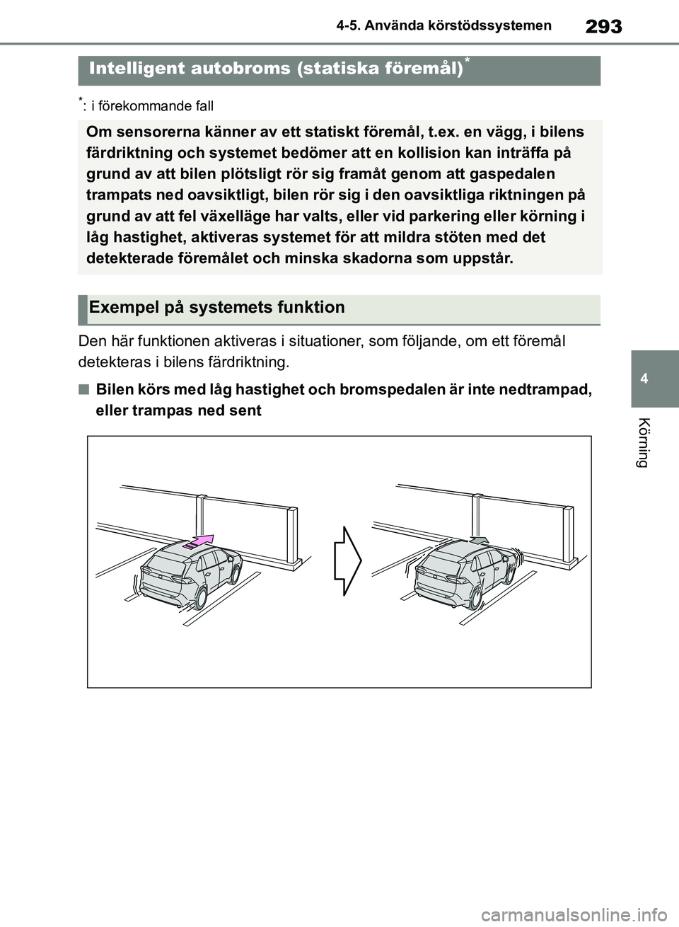 TOYOTA RAV4 2018 Bruksanvisningar (in Swedish) 293
4
4-5. Använda körstödssystemen
Körning
*: i förekommande fall
Den här funktionen aktiveras i situati
oner, som följande, om ett föremål
detekteras i bilens färdriktning.
nBilen körs m TOYOTA RAV4 2018 Bruksanvisningar (in Swedish) 293
4
4-5. Använda körstödssystemen
Körning
*: i förekommande fall
Den här funktionen aktiveras i situati
oner, som följande, om ett föremål
detekteras i bilens färdriktning.
nBilen körs m