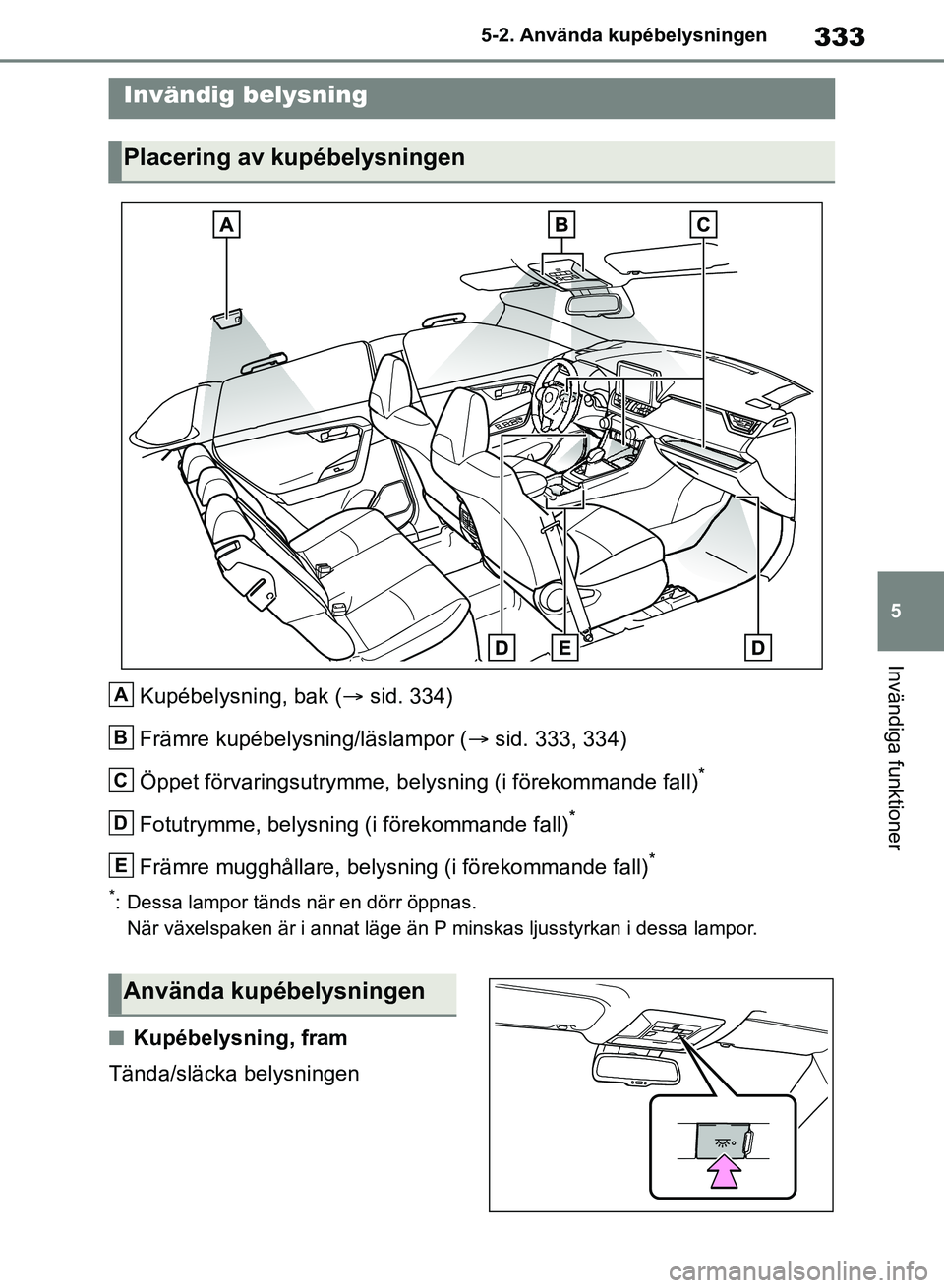TOYOTA RAV4 2018  Bruksanvisningar (in Swedish) 333
5
5-2. Använda kupébelysningen
Invändiga funktioner
5-2.Använda kupébelysningen
Kupébelysning, bak (
sid. 334)
Främre kupébelysning/läslampor ( sid. 333, 334)
Öppet förvaringsutry