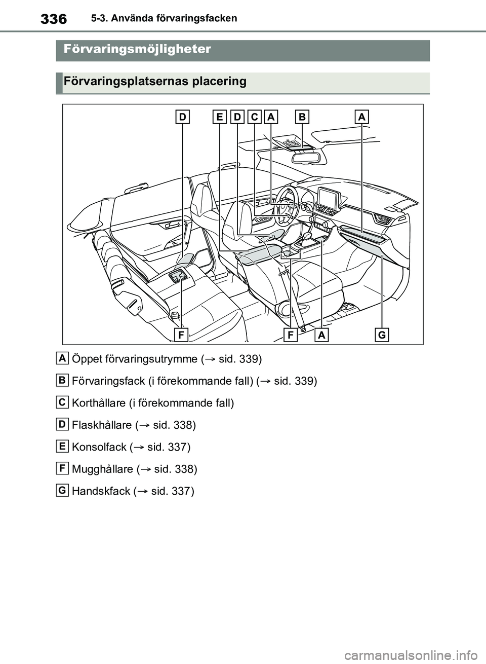 TOYOTA RAV4 2018  Bruksanvisningar (in Swedish) 3365-3. Använda förvaringsfacken
5-3.Använda förvaringsfacken
Öppet förvaringsutrymme (sid. 339)
Förvaringsfack (i förekommande fall) ( sid. 339)
Korthållare (i förekommande fall)
Flas