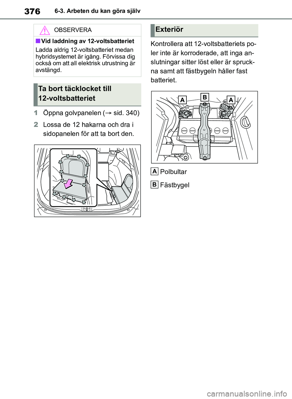 TOYOTA RAV4 2018 Bruksanvisningar (in Swedish) 3766-3. Arbeten du kan göra själv
1Öppna golvpanelen ( sid. 340)
2 Lossa de 12 hakarna och dra i
sidopanelen för att ta bort den. Kontrollera att 12-voltsbatteriets po-
ler inte är korroderad TOYOTA RAV4 2018 Bruksanvisningar (in Swedish) 3766-3. Arbeten du kan göra själv
1Öppna golvpanelen ( sid. 340)
2 Lossa de 12 hakarna och dra i
sidopanelen för att ta bort den. Kontrollera att 12-voltsbatteriets po-
ler inte är korroderad