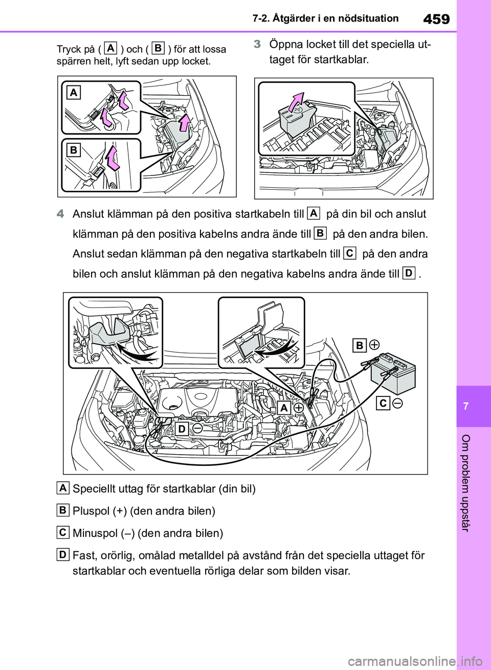 TOYOTA RAV4 2018  Bruksanvisningar (in Swedish) 459
7
7-2. Åtgärder i en nödsituation
Om problem uppstår
Tryck på ( ) och ( ) för att lossa 
spärren helt, lyft sedan upp locket.3
Öppna locket till det  speciella ut-
taget för startkablar.
