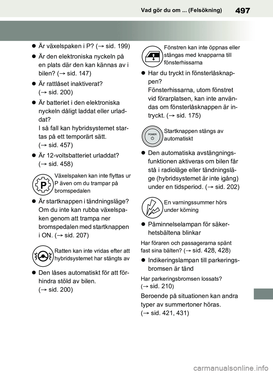 TOYOTA RAV4 2018 Bruksanvisningar (in Swedish) 497Vad gör du om ... (Felsökning)
Är växelspaken i P? ( sid. 199)
Är den elektroniska nyckeln på
en plats där den kan kännas av i
bilen? ( sid. 147)
Är rattlåset inaktiver TOYOTA RAV4 2018 Bruksanvisningar (in Swedish) 497Vad gör du om ... (Felsökning)
Är växelspaken i P? ( sid. 199)
Är den elektroniska nyckeln på
en plats där den kan kännas av i
bilen? ( sid. 147)
Är rattlåset inaktiver