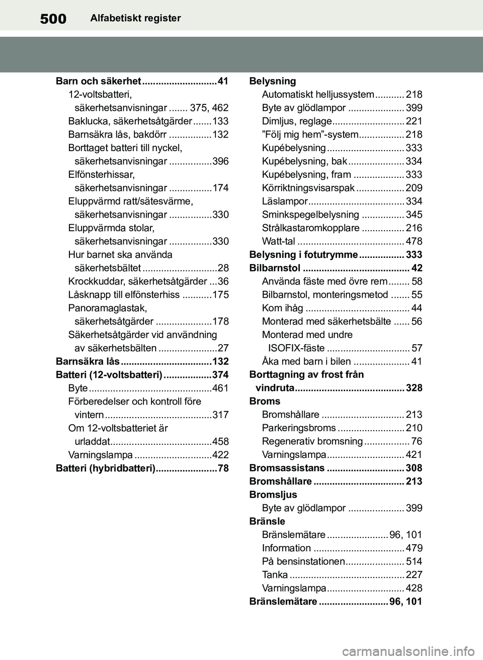 TOYOTA RAV4 2018 Bruksanvisningar (in Swedish) 500Alfabetiskt register
Barn och säkerhet ............................ 41 12-voltsbatteri, säkerhetsanvisningar ....... 375, 462
Baklucka, säkerhetsåtgärder .......133
Barnsäkra lås, bakdörr . TOYOTA RAV4 2018 Bruksanvisningar (in Swedish) 500Alfabetiskt register
Barn och säkerhet ............................ 41 12-voltsbatteri, säkerhetsanvisningar ....... 375, 462
Baklucka, säkerhetsåtgärder .......133
Barnsäkra lås, bakdörr .