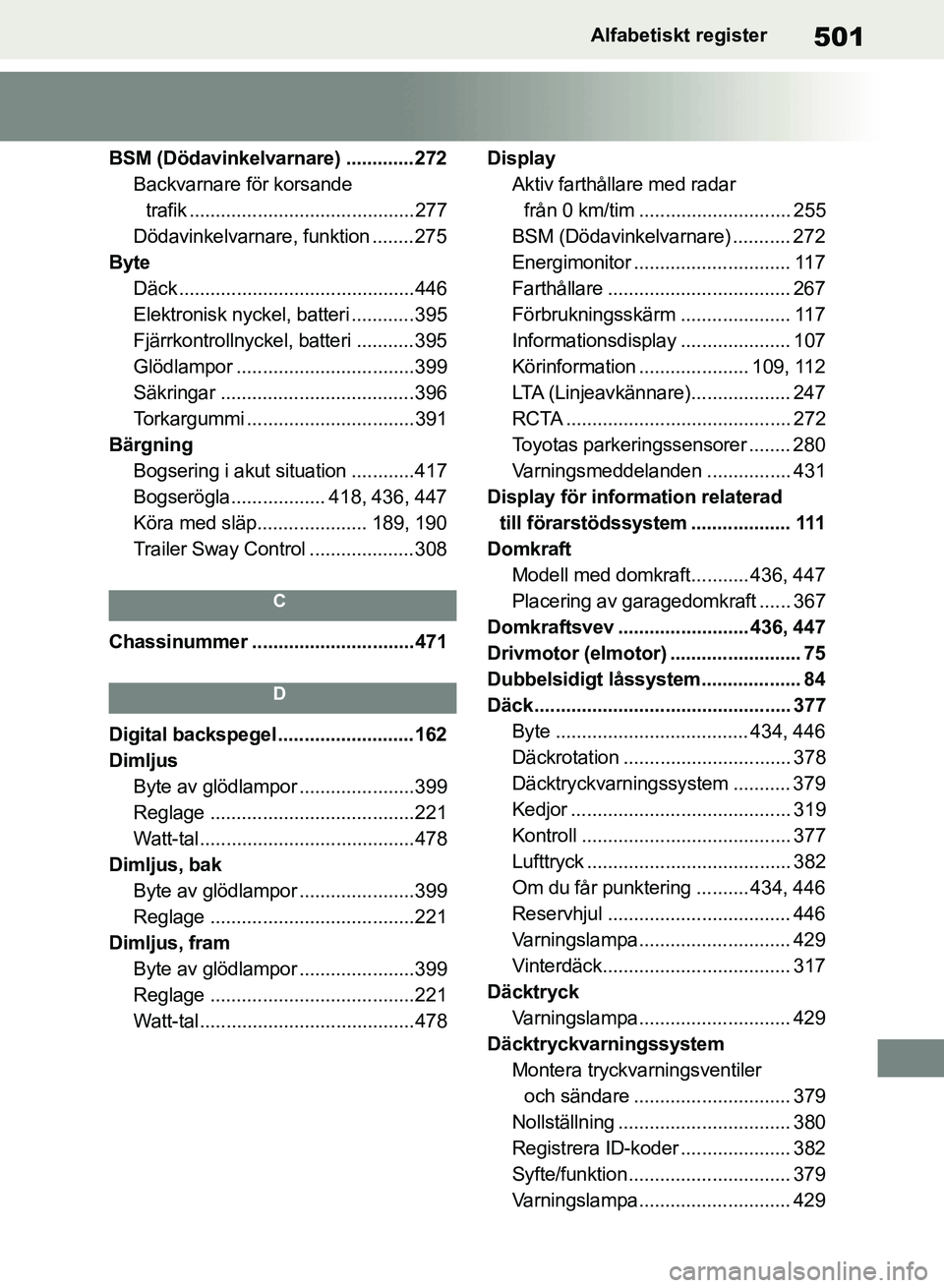 TOYOTA RAV4 2018 Bruksanvisningar (in Swedish) 501Alfabetiskt register
BSM (Dödavinkelvarnare) .............272Backvarnare för korsande trafik ...........................................277
Dödavinkelvarnare, funktion ........275
Byte Däck ... TOYOTA RAV4 2018 Bruksanvisningar (in Swedish) 501Alfabetiskt register
BSM (Dödavinkelvarnare) .............272Backvarnare för korsande trafik ...........................................277
Dödavinkelvarnare, funktion ........275
Byte Däck ...
