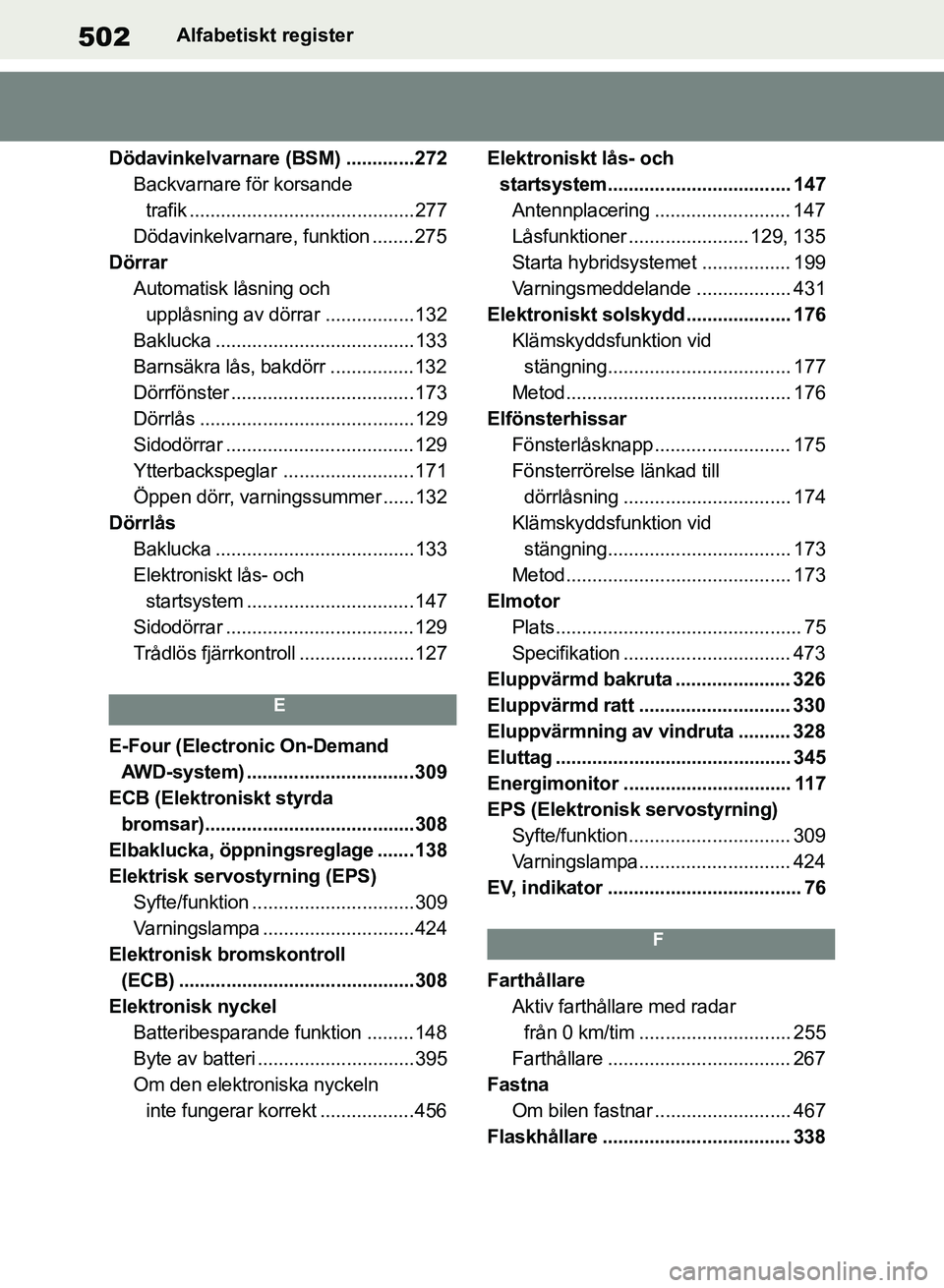 TOYOTA RAV4 2018 Bruksanvisningar (in Swedish) 502Alfabetiskt register
Dödavinkelvarnare (BSM) .............272 Backvarnare för korsande trafik ...........................................277
Dödavinkelvarnare, funktion ........275
Dörrar Autom TOYOTA RAV4 2018 Bruksanvisningar (in Swedish) 502Alfabetiskt register
Dödavinkelvarnare (BSM) .............272 Backvarnare för korsande trafik ...........................................277
Dödavinkelvarnare, funktion ........275
Dörrar Autom