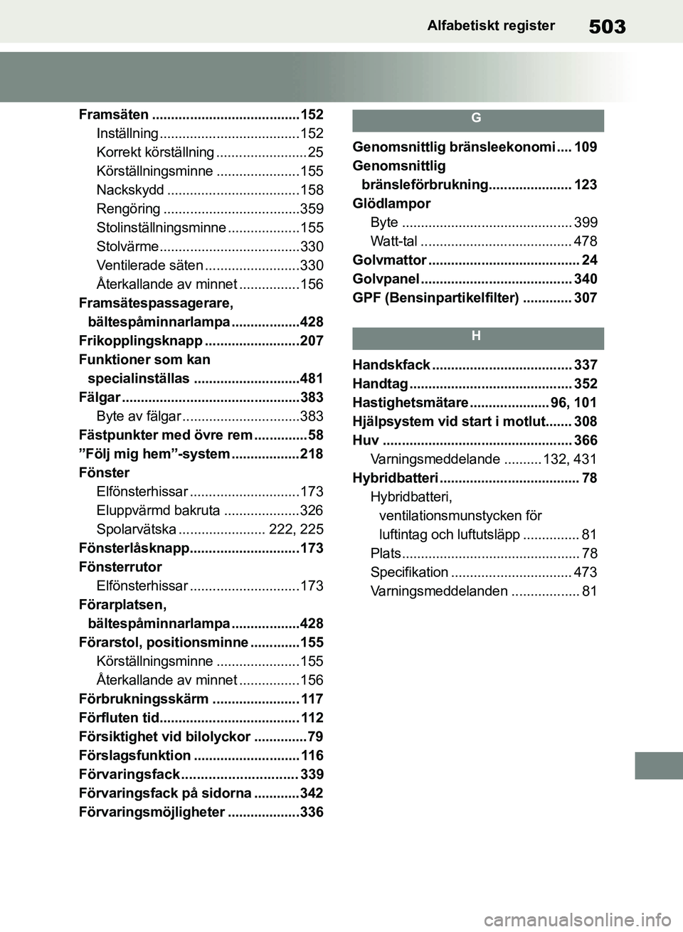TOYOTA RAV4 2018 Bruksanvisningar (in Swedish) 503Alfabetiskt register
Framsäten .......................................152Inställning .....................................152
Korrekt körställning ........................ 25
Körställningsmin TOYOTA RAV4 2018 Bruksanvisningar (in Swedish) 503Alfabetiskt register
Framsäten .......................................152Inställning .....................................152
Korrekt körställning ........................ 25
Körställningsmin