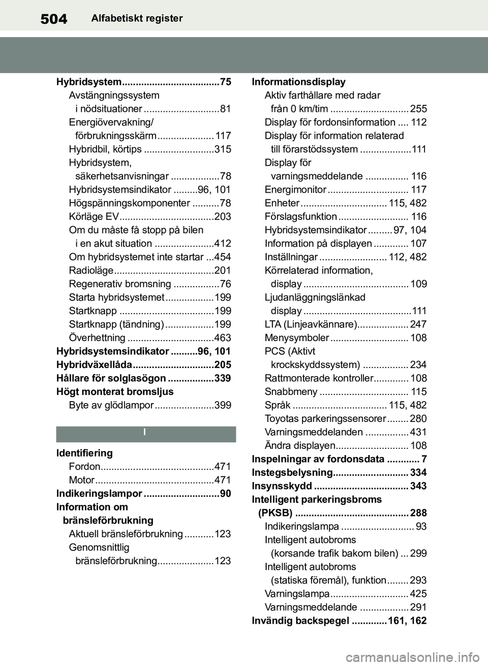 TOYOTA RAV4 2018 Bruksanvisningar (in Swedish) 504Alfabetiskt register
Hybridsystem.................................... 75 Avstängningssystem i nödsituationer ............................ 81
Energiövervakning/ förbrukningsskärm .............. TOYOTA RAV4 2018 Bruksanvisningar (in Swedish) 504Alfabetiskt register
Hybridsystem.................................... 75 Avstängningssystem i nödsituationer ............................ 81
Energiövervakning/ förbrukningsskärm ..............