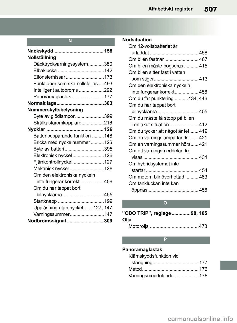 TOYOTA RAV4 2018 Bruksanvisningar (in Swedish) 507Alfabetiskt register
N
Nackskydd .................................... 158
Nollställning Däcktryckvarningssystem ............380
Elbaklucka ...................................142
Elfönsterhissar TOYOTA RAV4 2018 Bruksanvisningar (in Swedish) 507Alfabetiskt register
N
Nackskydd .................................... 158
Nollställning Däcktryckvarningssystem ............380
Elbaklucka ...................................142
Elfönsterhissar