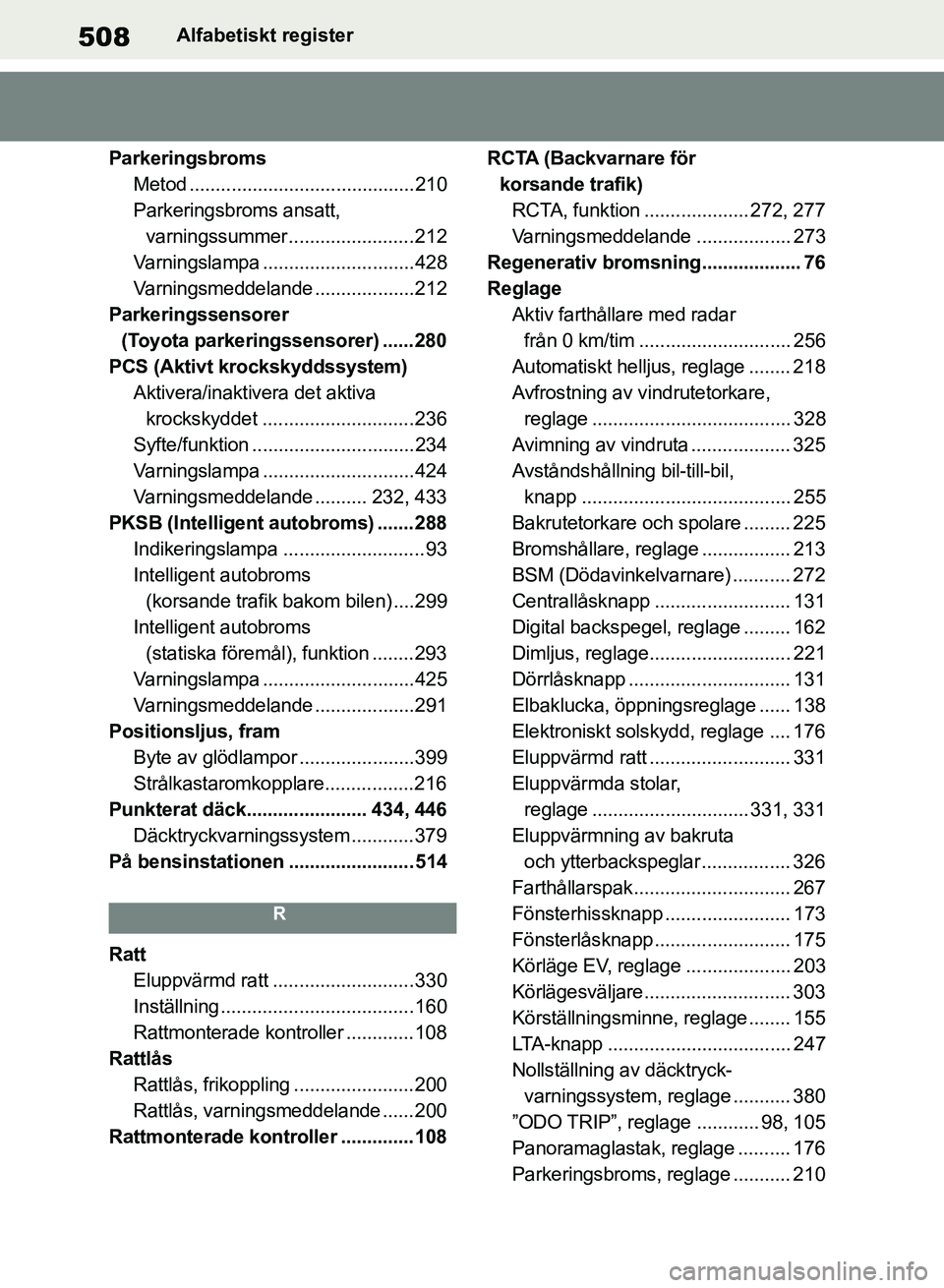 TOYOTA RAV4 2018 Bruksanvisningar (in Swedish) 508Alfabetiskt register
Parkeringsbroms Metod ...........................................210
Parkeringsbroms ansatt, varningssummer ........................212
Varningslampa .......................... TOYOTA RAV4 2018 Bruksanvisningar (in Swedish) 508Alfabetiskt register
Parkeringsbroms Metod ...........................................210
Parkeringsbroms ansatt, varningssummer ........................212
Varningslampa ..........................