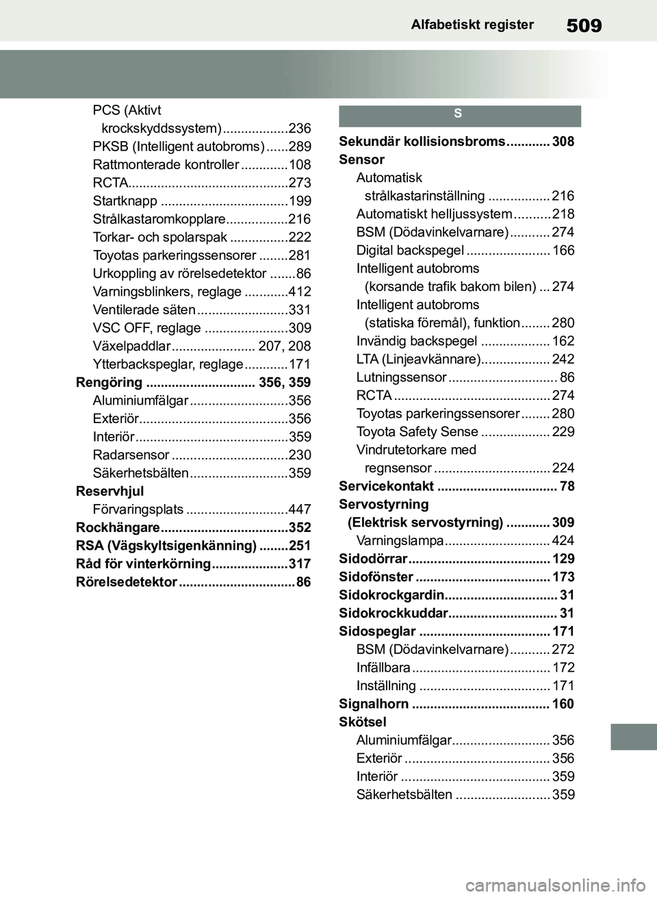 TOYOTA RAV4 2018 Bruksanvisningar (in Swedish) 509Alfabetiskt register
PCS (Aktivt krockskyddssystem) ..................236
PKSB (Intelligent autobroms) ......289
Rattmonterade kontroller .............108
RCTA...................................... TOYOTA RAV4 2018 Bruksanvisningar (in Swedish) 509Alfabetiskt register
PCS (Aktivt krockskyddssystem) ..................236
PKSB (Intelligent autobroms) ......289
Rattmonterade kontroller .............108
RCTA......................................