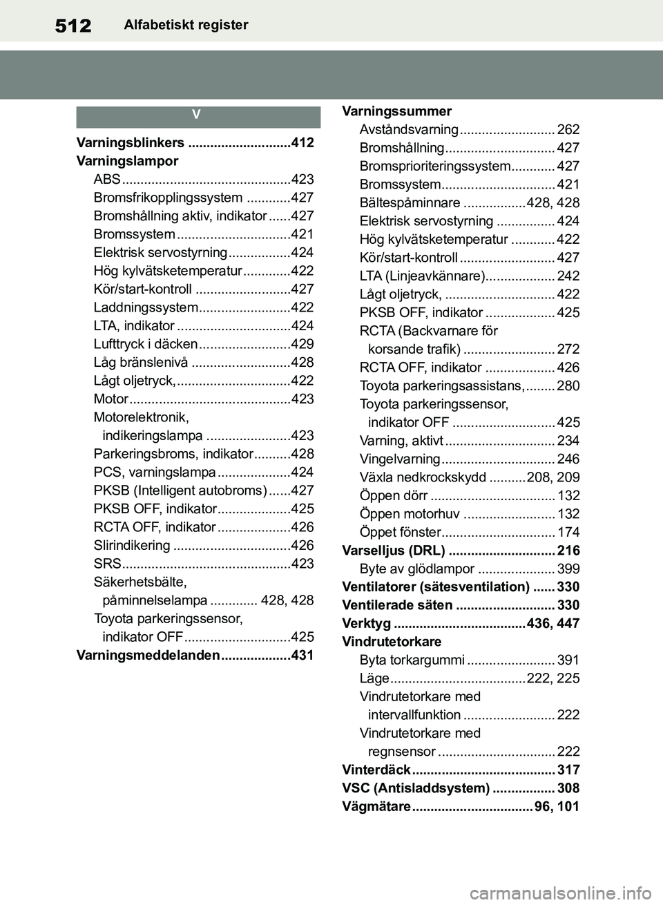 TOYOTA RAV4 2018 Bruksanvisningar (in Swedish) 512Alfabetiskt register
V
Varningsblinkers ............................412
Varningslampor
ABS ..............................................423
Bromsfrikopplingssystem ............427
Bromshållning a TOYOTA RAV4 2018 Bruksanvisningar (in Swedish) 512Alfabetiskt register
V
Varningsblinkers ............................412
Varningslampor
ABS ..............................................423
Bromsfrikopplingssystem ............427
Bromshållning a