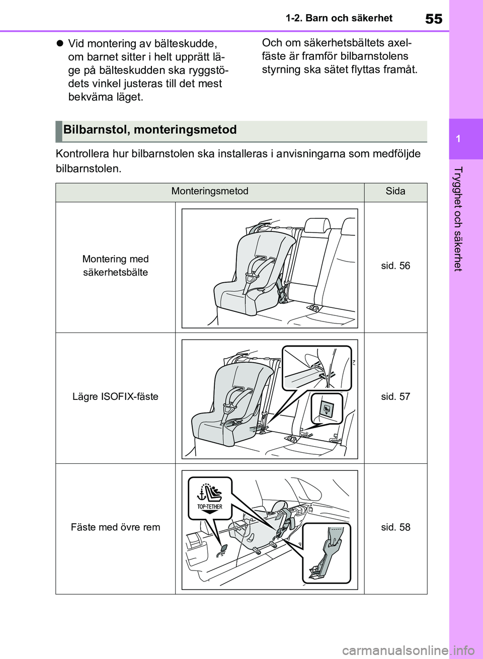 TOYOTA RAV4 2018 Bruksanvisningar (in Swedish) 55
1
1-2. Barn och säkerhet
Trygghet och säkerhet
Vid montering av bälteskudde,
om barnet sitter i helt upprätt lä-
ge på bälteskudden ska ryggstö-
dets vinkel justeras till det mest
bek TOYOTA RAV4 2018 Bruksanvisningar (in Swedish) 55
1
1-2. Barn och säkerhet
Trygghet och säkerhet
Vid montering av bälteskudde,
om barnet sitter i helt upprätt lä-
ge på bälteskudden ska ryggstö-
dets vinkel justeras till det mest
bek