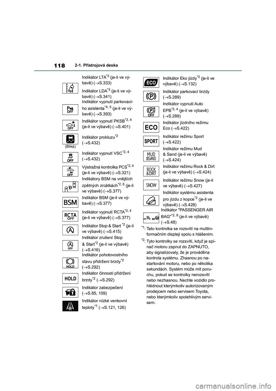 TOYOTA RAV4 2018  Návod na použití (in Czech) 1182-1. Přístrojová deska
*1:Tato kontrolka se rozsvítí na multiin-
formačním displeji spolu s hlášením.
*2: Tyto kontrolky se rozsvítí, když je spí-
nač motoru zapnut do ZAPNUTO, 
aby 