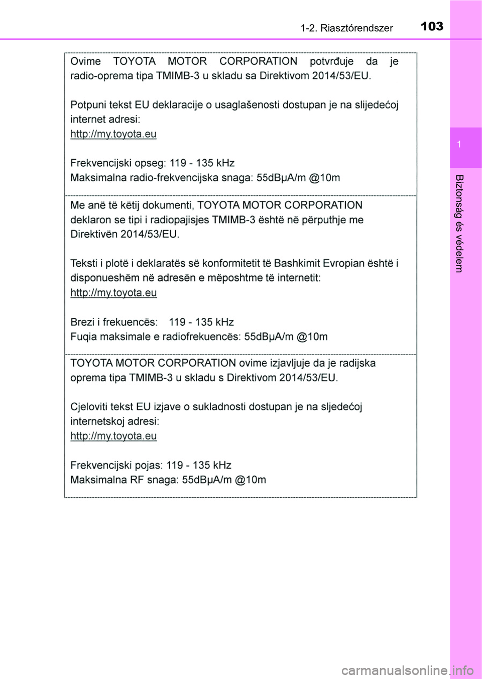TOYOTA RAV4 2017 Kezelési útmutató (in Hungarian) 1031-2. Riasztórendszer
1
Biztonság és védelem TOYOTA RAV4 2017 Kezelési útmutató (in Hungarian) 1031-2. Riasztórendszer
1
Biztonság és védelem