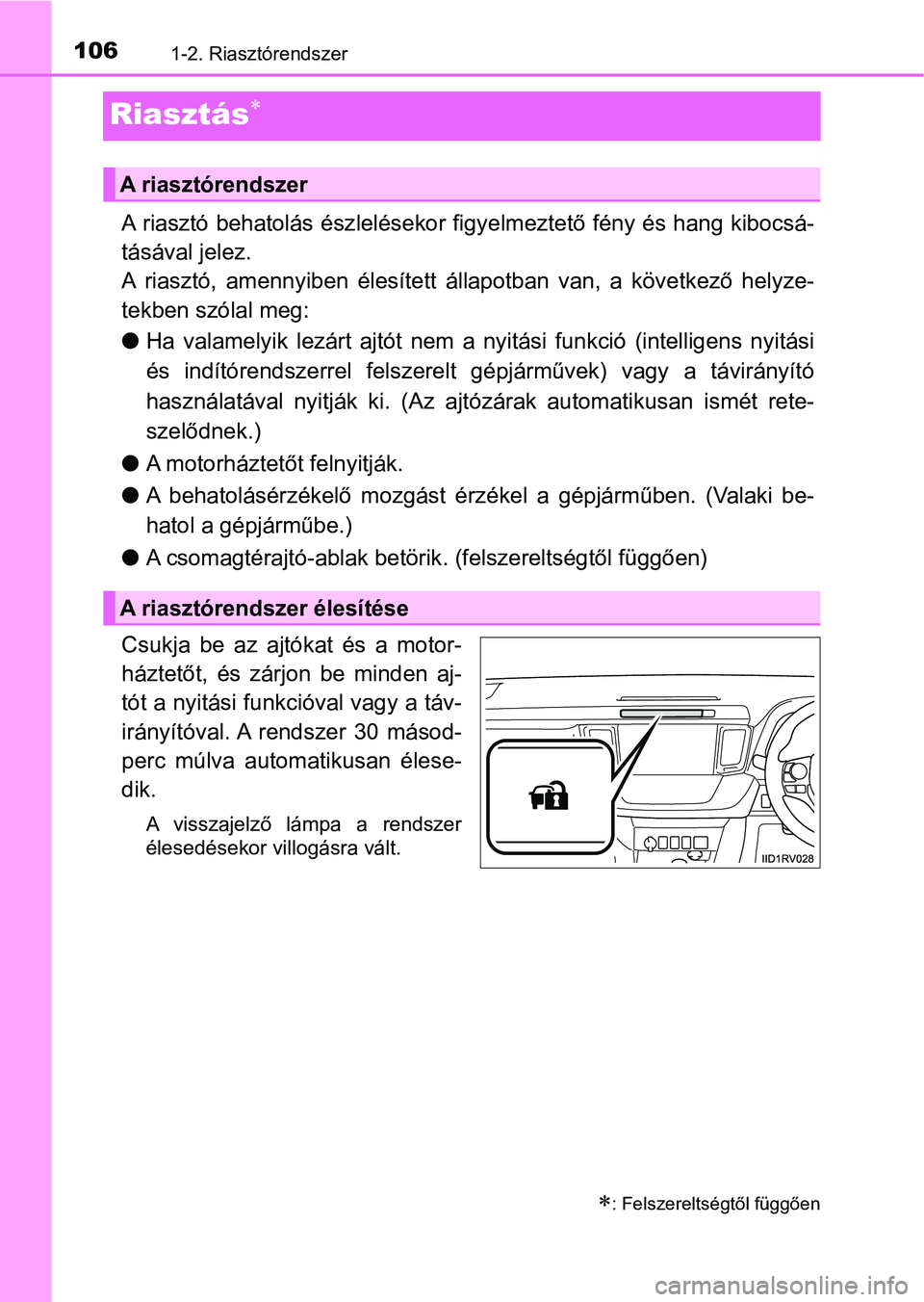 TOYOTA RAV4 2017 Kezelési útmutató (in Hungarian) 1061-2. Riasztórendszer
Riasztás
A riasztó behatolás észlelésekor figyelmeztető fény és hang kib ocsá-
tásával jelez.
A riasztó, amennyiben élesített állapotban van, a követ TOYOTA RAV4 2017 Kezelési útmutató (in Hungarian) 1061-2. Riasztórendszer
Riasztás
A riasztó behatolás észlelésekor figyelmeztető fény és hang kib ocsá-
tásával jelez.
A riasztó, amennyiben élesített állapotban van, a követ