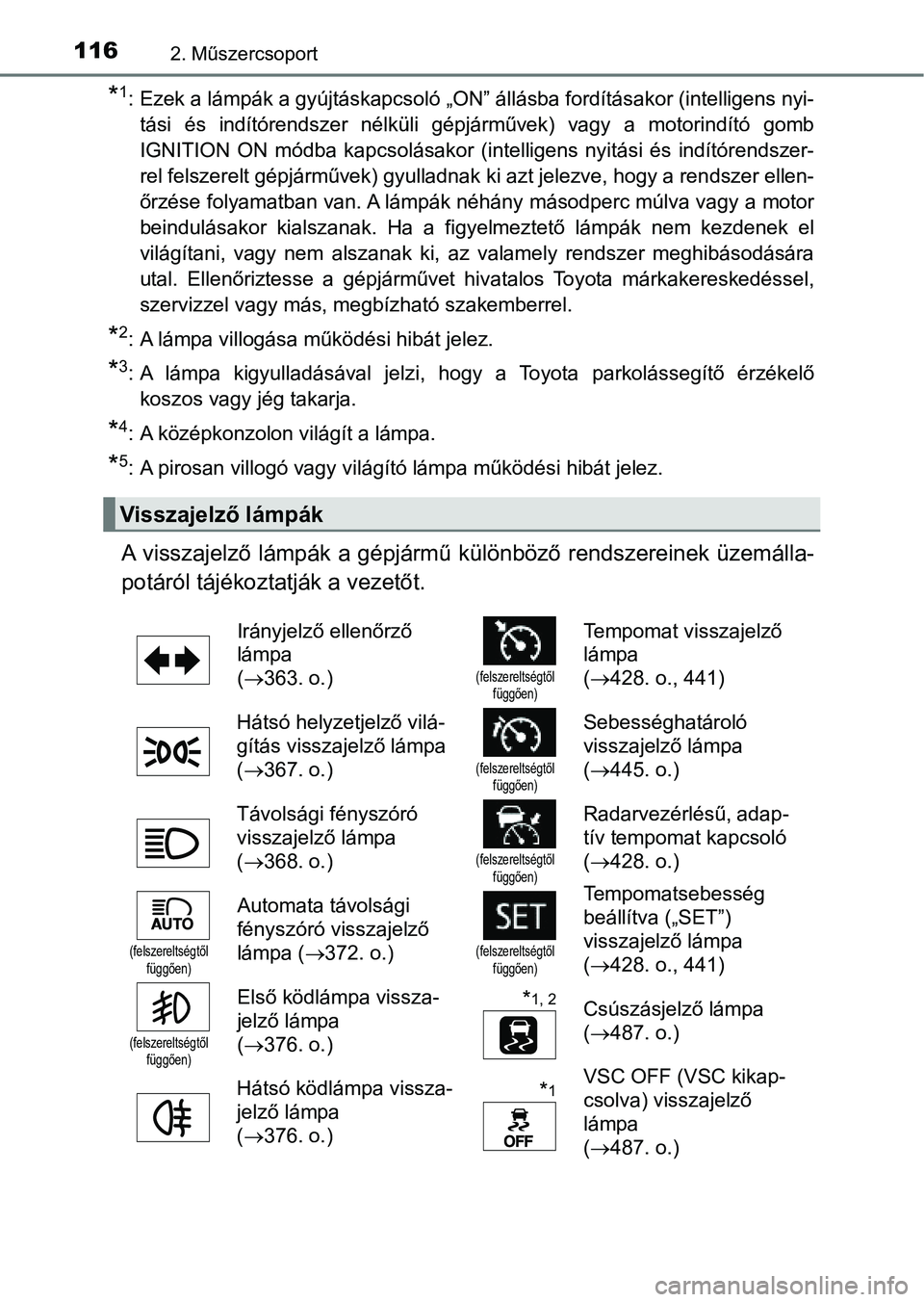 TOYOTA RAV4 2017 Kezelési útmutató (in Hungarian) 1162. Műszercsoport
*1: Ezek a lámpák a gyújtáskapcsoló „ON” állásba fordításakor (intelligens nyi-tási és indítórendszer nélküli gépjárművek) vagy a motorindító gomb
TOYOTA RAV4 2017 Kezelési útmutató (in Hungarian) 1162. Műszercsoport
*1: Ezek a lámpák a gyújtáskapcsoló „ON” állásba fordításakor (intelligens nyi-tási és indítórendszer nélküli gépjárművek) vagy a motorindító gomb