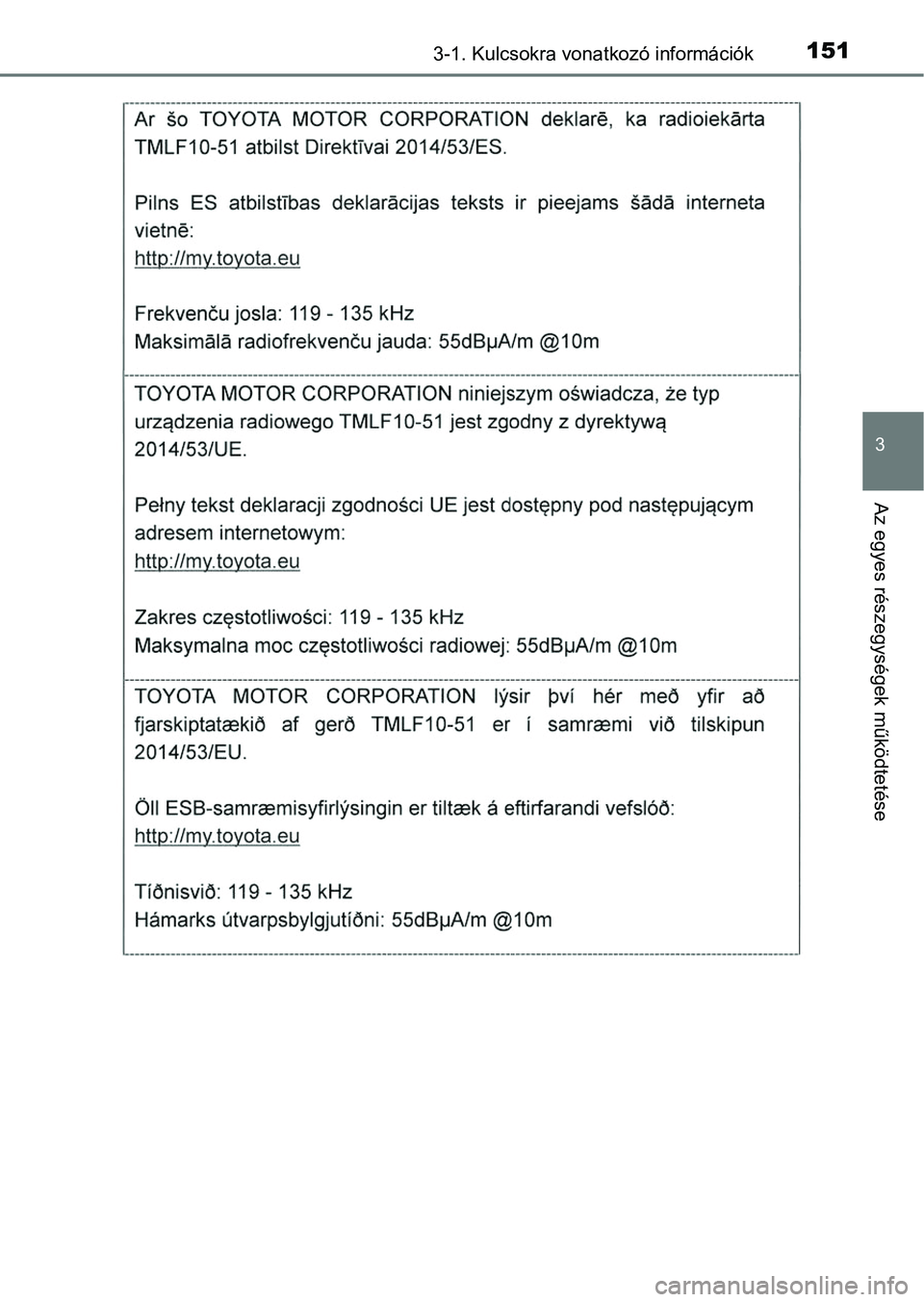 TOYOTA RAV4 2017  Kezelési útmutató (in Hungarian) 1513-1. Kulcsokra vonatkozó információk
3
Az egyes részegységek működtetése 