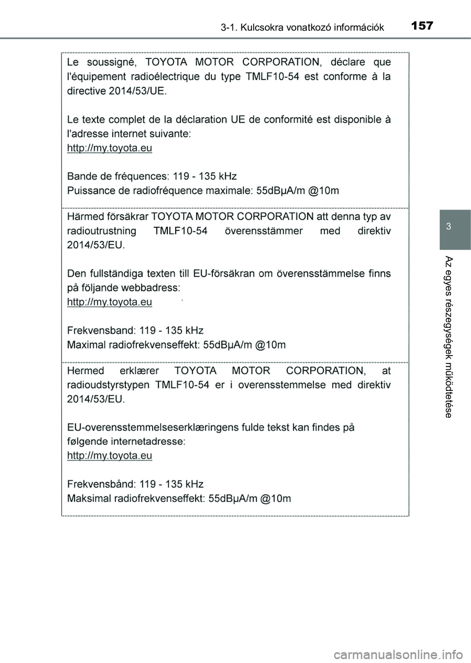 TOYOTA RAV4 2017  Kezelési útmutató (in Hungarian) 1573-1. Kulcsokra vonatkozó információk
3
Az egyes részegységek működtetése 