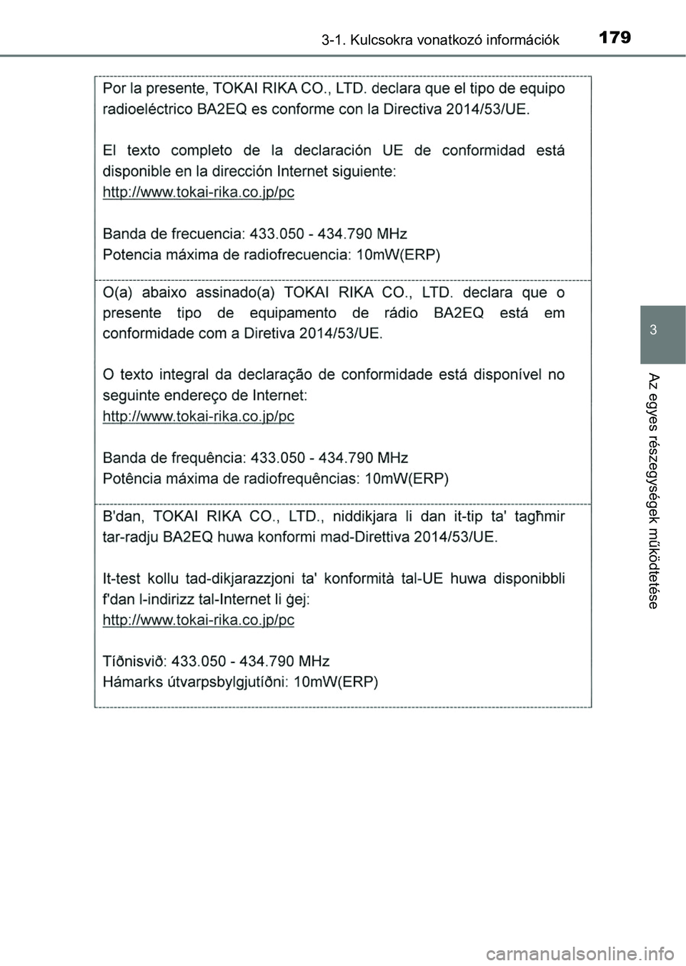TOYOTA RAV4 2017 Kezelési útmutató (in Hungarian) 1793-1. Kulcsokra vonatkozó információk
3
Az egyes részegységek működtetése TOYOTA RAV4 2017 Kezelési útmutató (in Hungarian) 1793-1. Kulcsokra vonatkozó információk
3
Az egyes részegységek működtetése