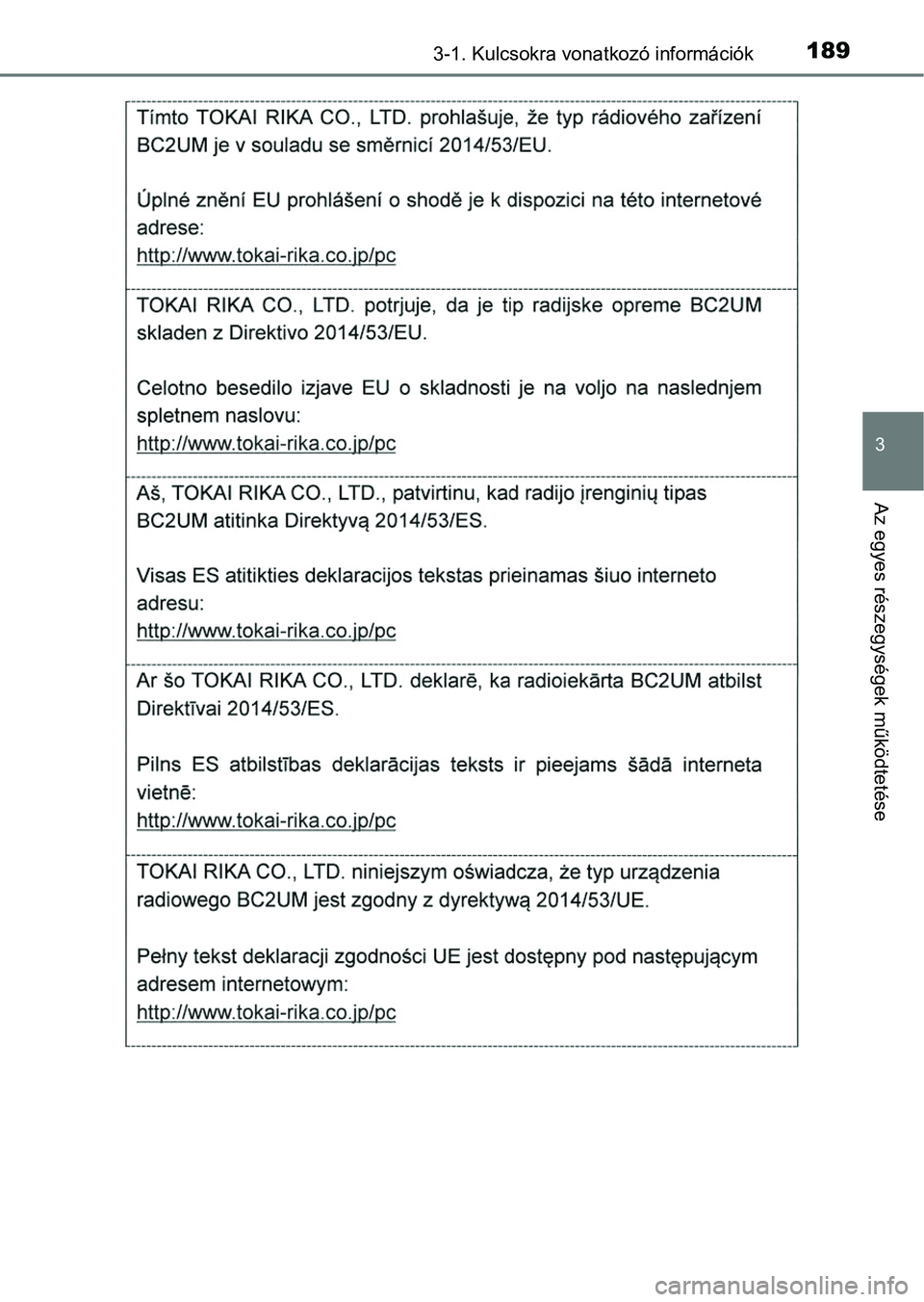 TOYOTA RAV4 2017 Kezelési útmutató (in Hungarian) 1893-1. Kulcsokra vonatkozó információk
3
Az egyes részegységek működtetése TOYOTA RAV4 2017 Kezelési útmutató (in Hungarian) 1893-1. Kulcsokra vonatkozó információk
3
Az egyes részegységek működtetése