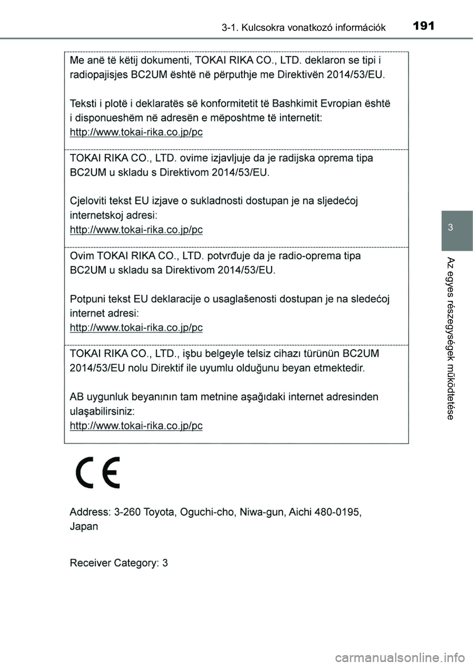 TOYOTA RAV4 2017  Kezelési útmutató (in Hungarian) 1913-1. Kulcsokra vonatkozó információk
3
Az egyes részegységek működtetése 