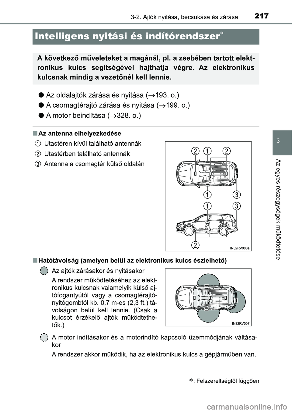 TOYOTA RAV4 2017  Kezelési útmutató (in Hungarian) 217
3
3-2. Ajtók nyitása, becsukása és zárása
Az egyes részegységek működtetése
Intelligens nyitási és indítórendszer
lAz oldalajtók zárása és nyitása ( 193. o.)
l A csomagt