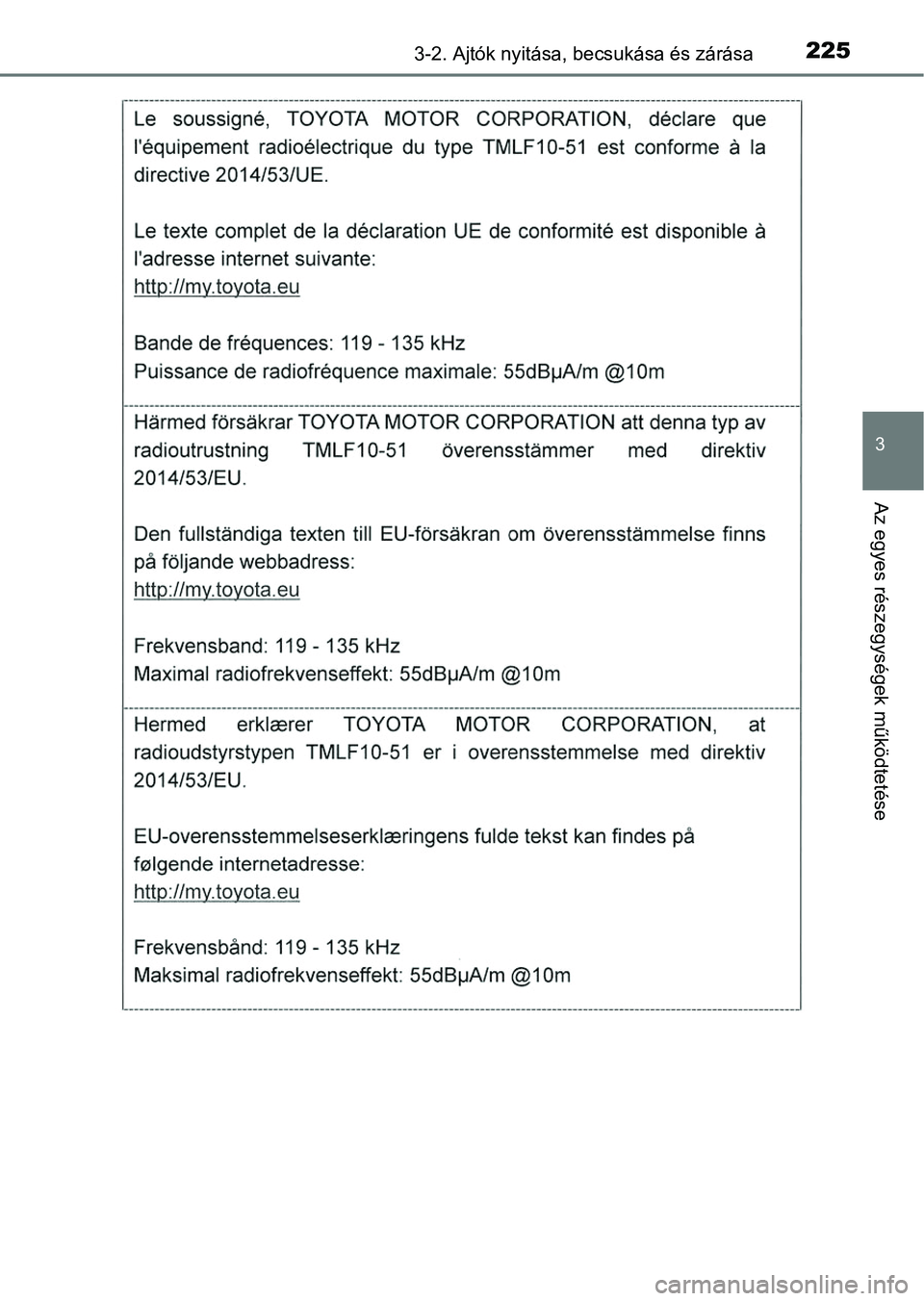 TOYOTA RAV4 2017  Kezelési útmutató (in Hungarian) 2253-2. Ajtók nyitása, becsukása és zárása
3
Az egyes részegységek működtetése 