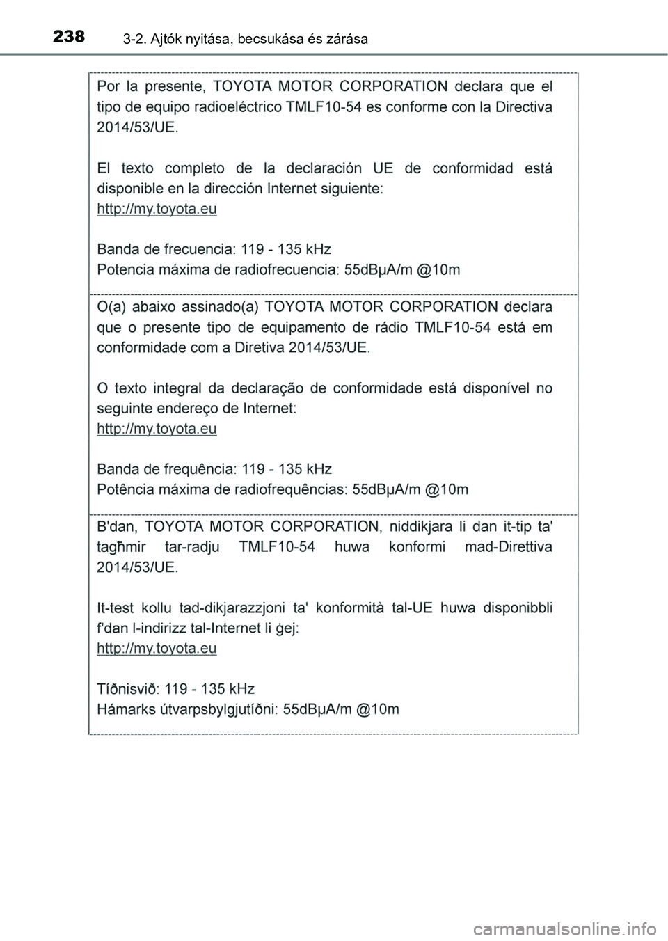 TOYOTA RAV4 2017 Kezelési útmutató (in Hungarian) 2383-2. Ajtók nyitása, becsukása és zárása TOYOTA RAV4 2017 Kezelési útmutató (in Hungarian) 2383-2. Ajtók nyitása, becsukása és zárása