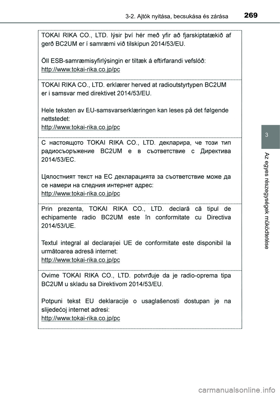 TOYOTA RAV4 2017  Kezelési útmutató (in Hungarian) 2693-2. Ajtók nyitása, becsukása és zárása
3
Az egyes részegységek működtetése 