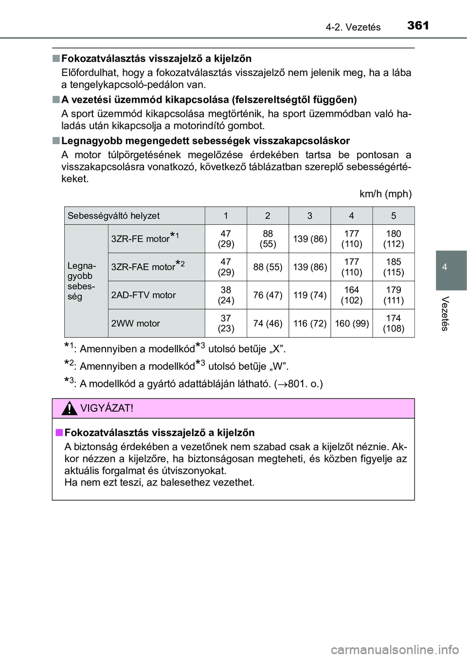 TOYOTA RAV4 2017  Kezelési útmutató (in Hungarian) 3614-2. Vezetés
4
Vezetés
nFokozatválasztás visszajelző a kijelzőn
Előfordulhat, hogy a fokozatválasztás visszajelző nem jelenik m eg, ha a lába
a tengelykapcsoló-pedálon van.
n A vezeté